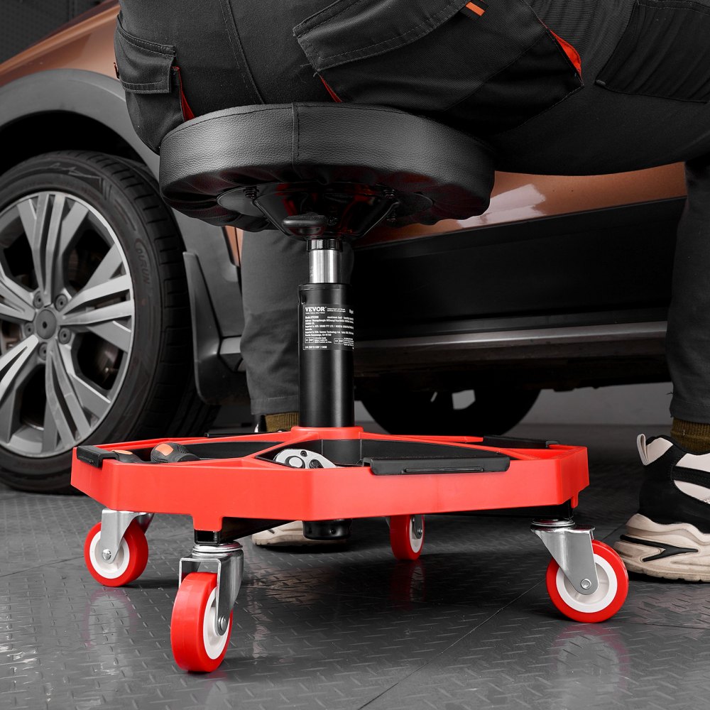 VEVOR Taburete Mecánico con Ruedas Carga de 136 kg Asiento de Garaje Altura Ajustable 420 y 550 mm Taburete de Trabajo con Bandeja para Herramientas para Taller, Reparación de Autos, Negro y Rojo