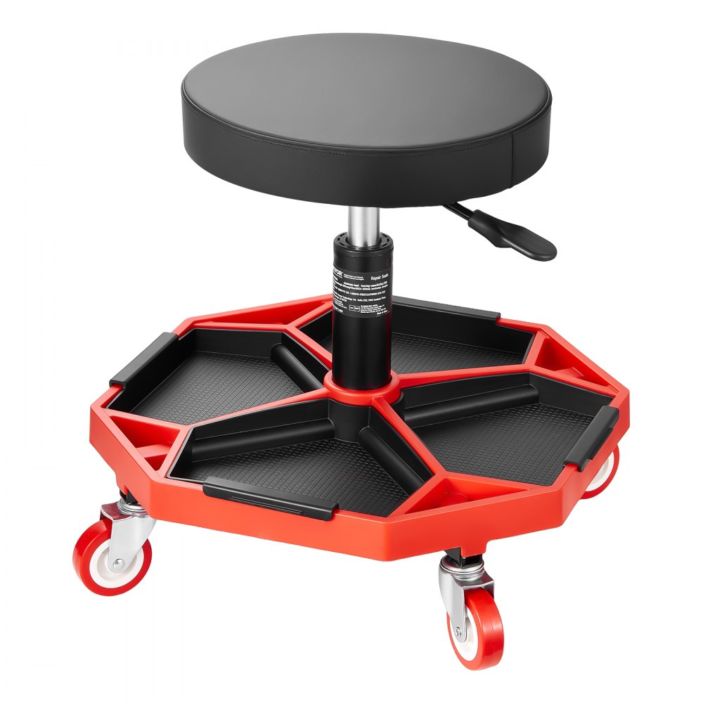 VEVOR Taburete Mecánico con Ruedas Carga de 136 kg Asiento de Garaje Altura Ajustable 420 y 550 mm Taburete de Trabajo con Bandeja para Herramientas para Taller, Reparación de Autos, Negro y Rojo