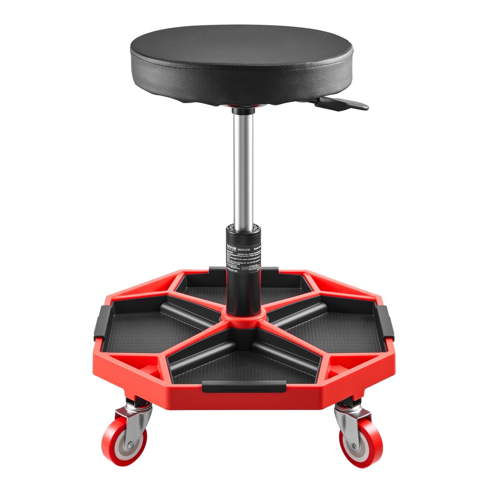VEVOR Taburete Mecánico con Ruedas Carga de 136 kg Asiento de Garaje Altura Ajustable 420 y 550 mm Taburete de Trabajo con Bandeja para Herramientas para Taller, Reparación de Autos, Negro y Rojo