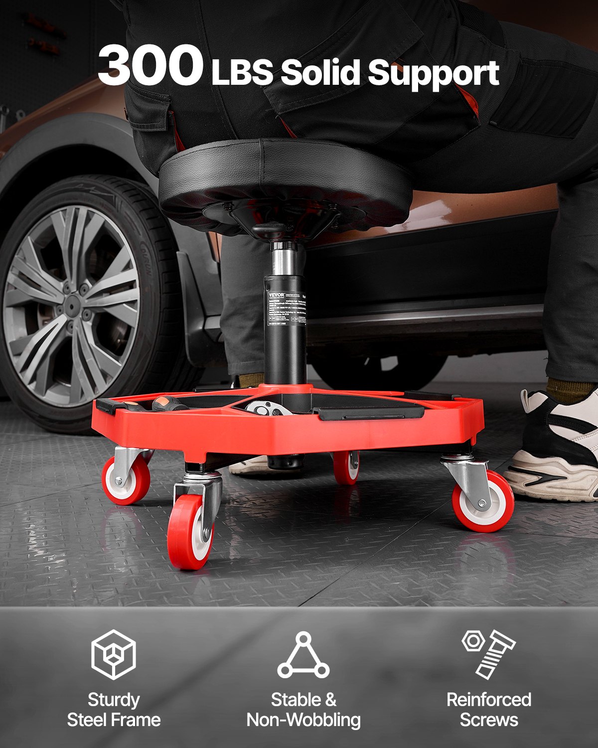 VEVOR Taburete Mecánico con Ruedas Carga de 136 kg Asiento de Garaje Altura Ajustable 420 y 550 mm Taburete de Trabajo con Bandeja para Herramientas para Taller, Reparación de Autos, Negro y Rojo