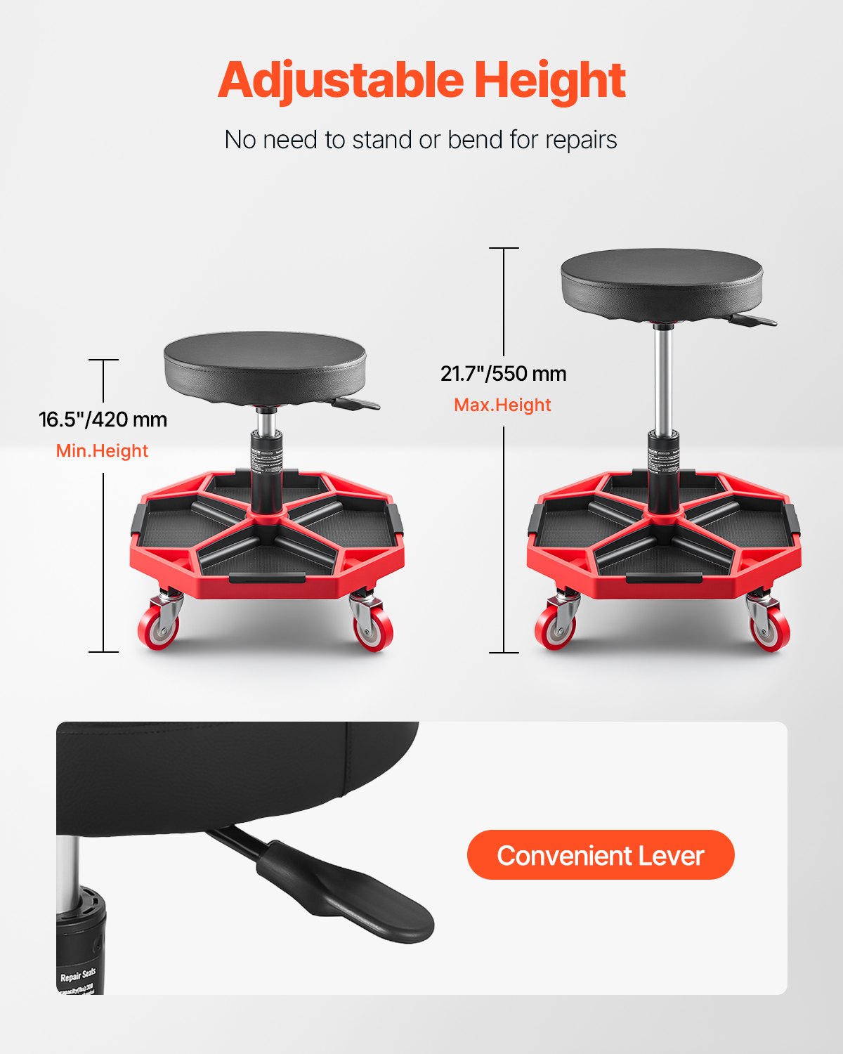 VEVOR Taburete Mecánico con Ruedas Carga de 136 kg Asiento de Garaje Altura Ajustable 420 y 550 mm Taburete de Trabajo con Bandeja para Herramientas para Taller, Reparación de Autos, Negro y Rojo