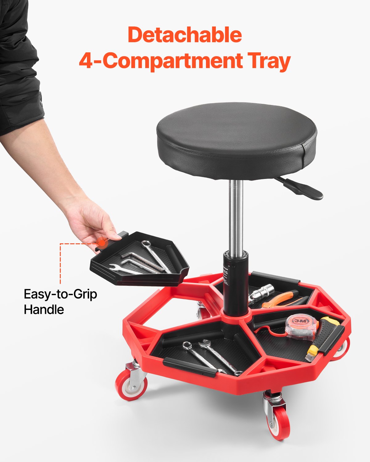 VEVOR Taburete Mecánico con Ruedas Carga de 136 kg Asiento de Garaje Altura Ajustable 420 y 550 mm Taburete de Trabajo con Bandeja para Herramientas para Taller, Reparación de Autos, Negro y Rojo