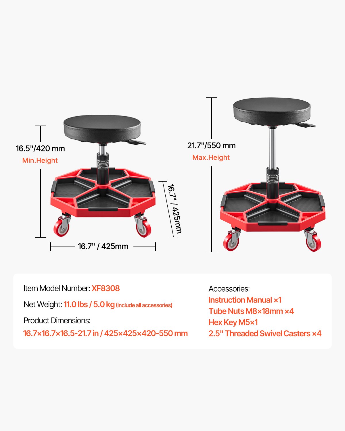 VEVOR Taburete Mecánico con Ruedas Carga de 136 kg Asiento de Garaje Altura Ajustable 420 y 550 mm Taburete de Trabajo con Bandeja para Herramientas para Taller, Reparación de Autos, Negro y Rojo
