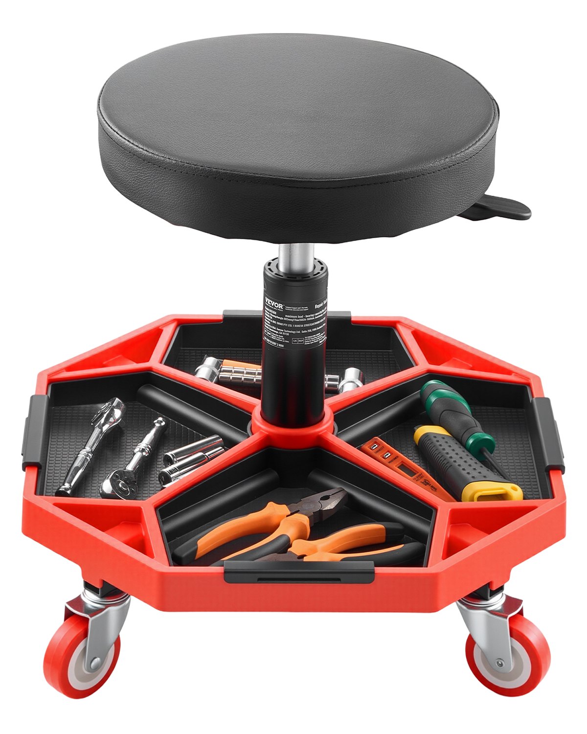 VEVOR Taburete Mecánico con Ruedas Carga de 136 kg Asiento de Garaje Altura Ajustable 420 y 550 mm Taburete de Trabajo con Bandeja para Herramientas para Taller, Reparación de Autos, Negro y Rojo