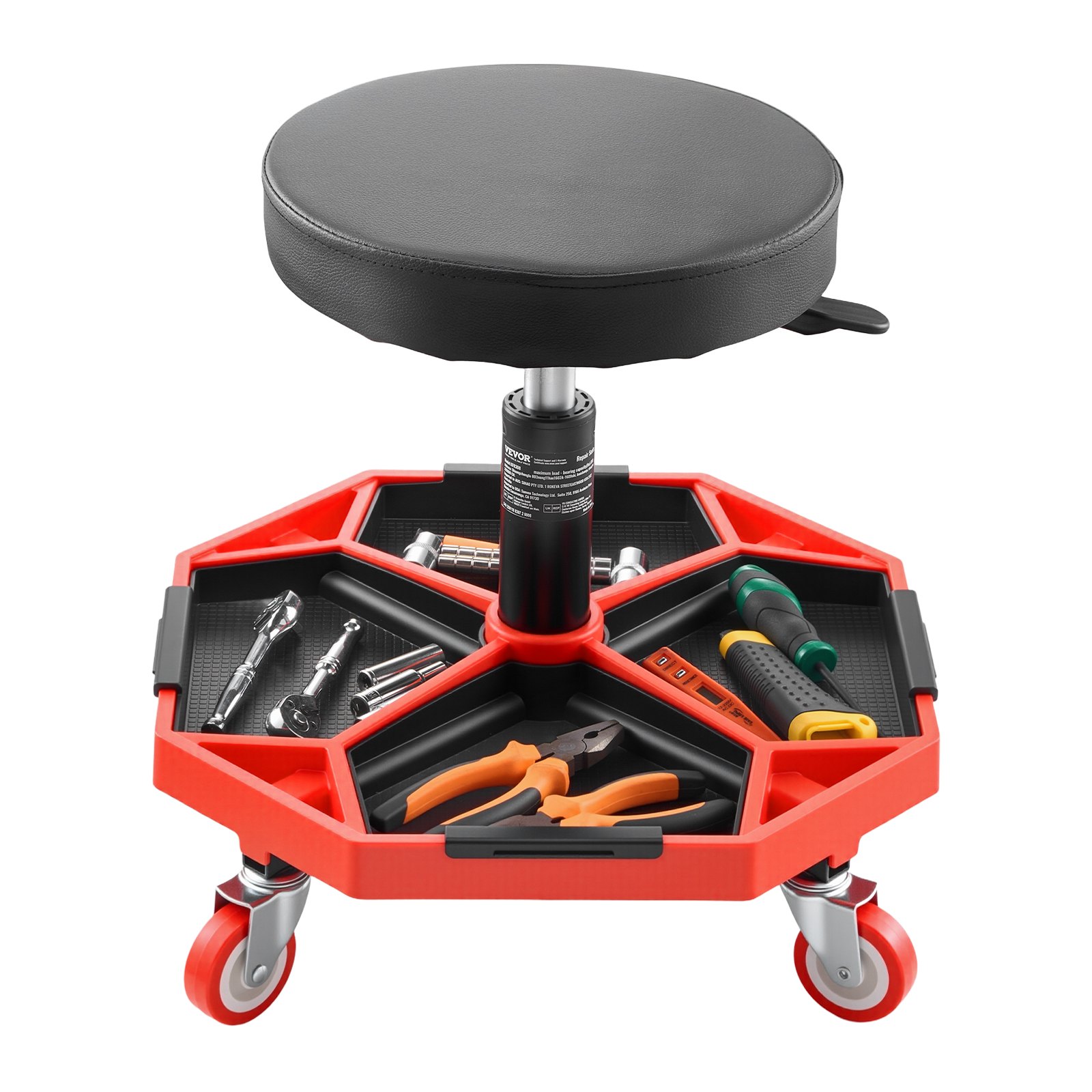 VEVOR Taburete Mecánico con Ruedas Carga de 136 kg Asiento de Garaje Altura Ajustable 420 y 550 mm Taburete de Trabajo con Bandeja para Herramientas para Taller, Reparación de Autos, Negro y Rojo