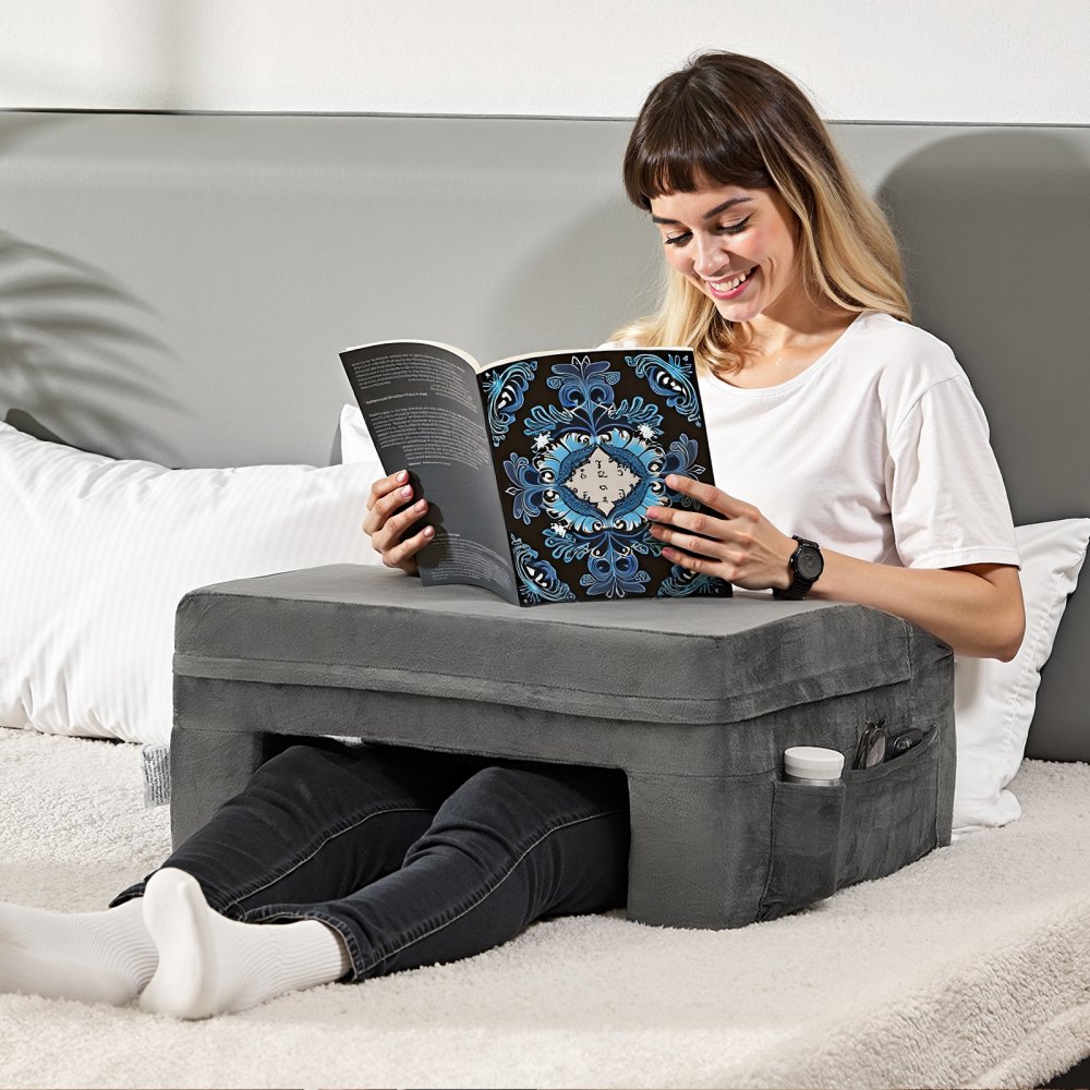 VEVOR Reading Pillow Bed Pillow (610 x 533 x 290 mm) with washable fabric, lap desk pillow with 2 pockets & cup holder, memory foam bed pad for watching TV, reading, playing games, gray