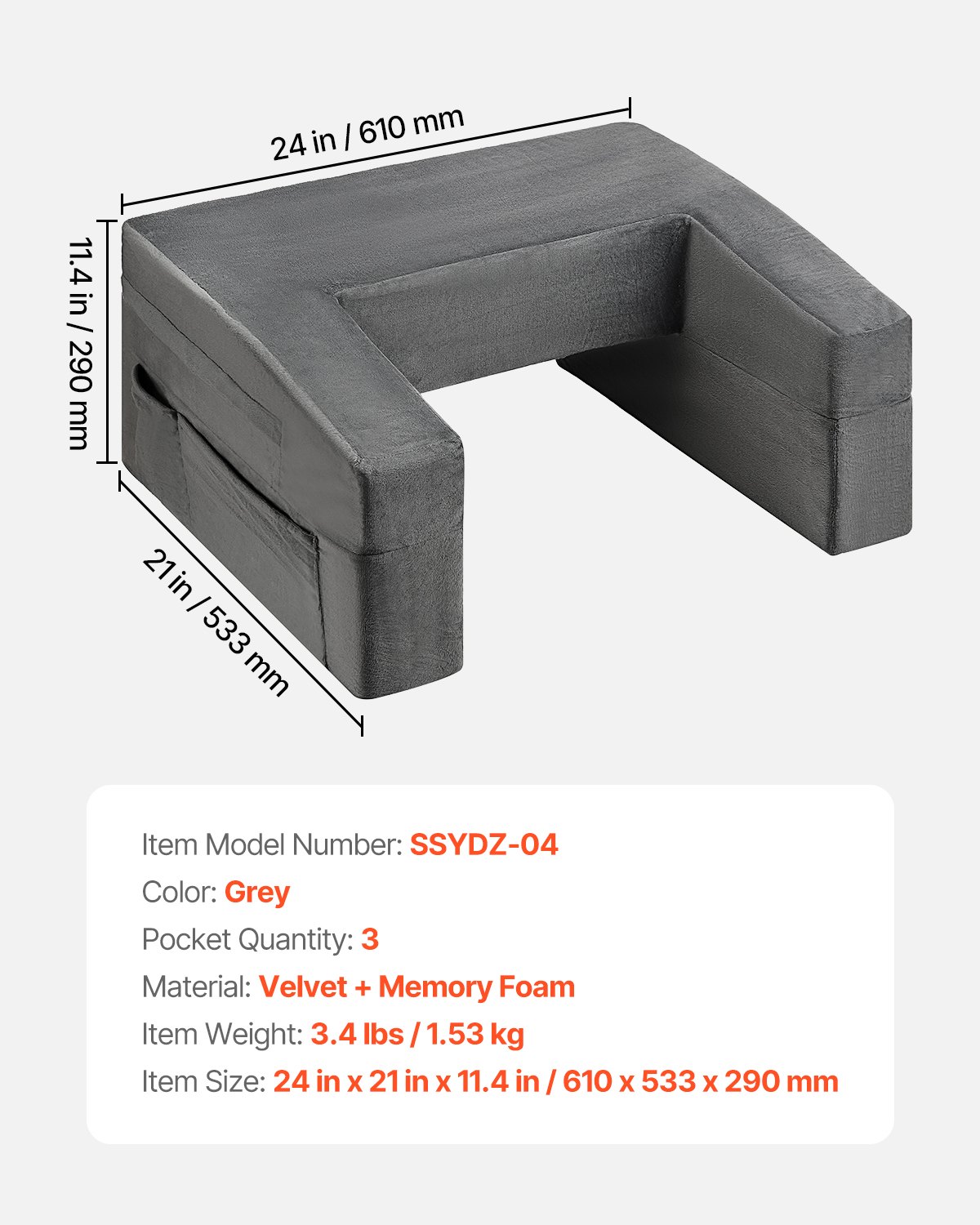 VEVOR Almohada de Lectura, Almohada Grande para Cama 61x53,3x29 cm con Paño Lavable, 2 Bolsillos y Portavasos, Reposacabezas de Espuma Viscoelástica para Leer, Jugar, Descansar y Trabajar, Gris
