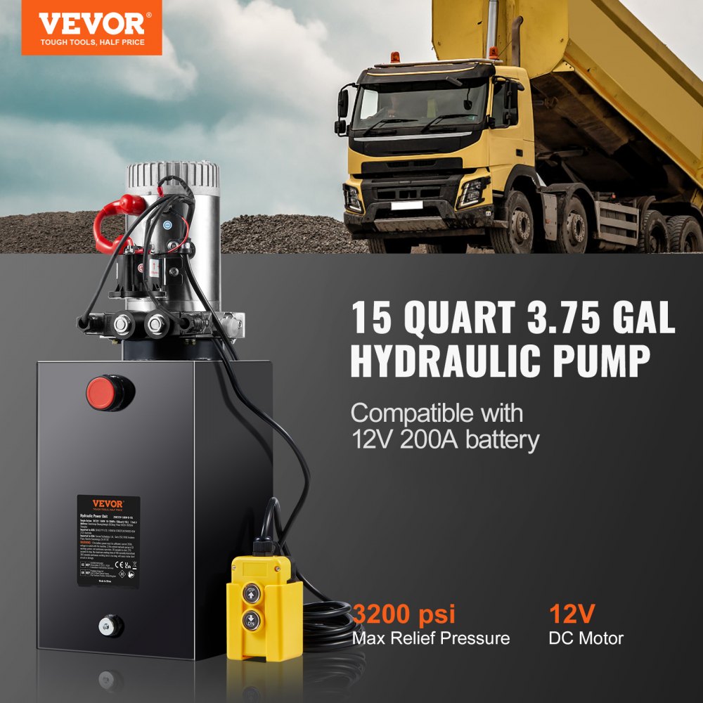 VEVOR Bomba Hidráulica DC 12 V 14 L Unidad Hidráulica de Doble Acción Flujo de Aceite 3,44 L/min Presión Máxima de Descarga 22 MPa para Volquete, Plataforma Elevadora, Remolque, Elevación y Descarga