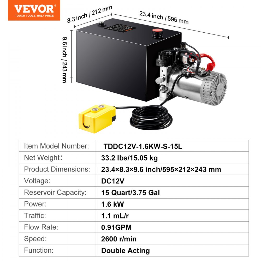 VEVOR Bomba Hidráulica DC 12 V 14 L Unidad Hidráulica de Doble Acción Flujo de Aceite 3,44 L/min Presión Máxima de Descarga 22 MPa para Volquete, Plataforma Elevadora, Remolque, Elevación y Descarga