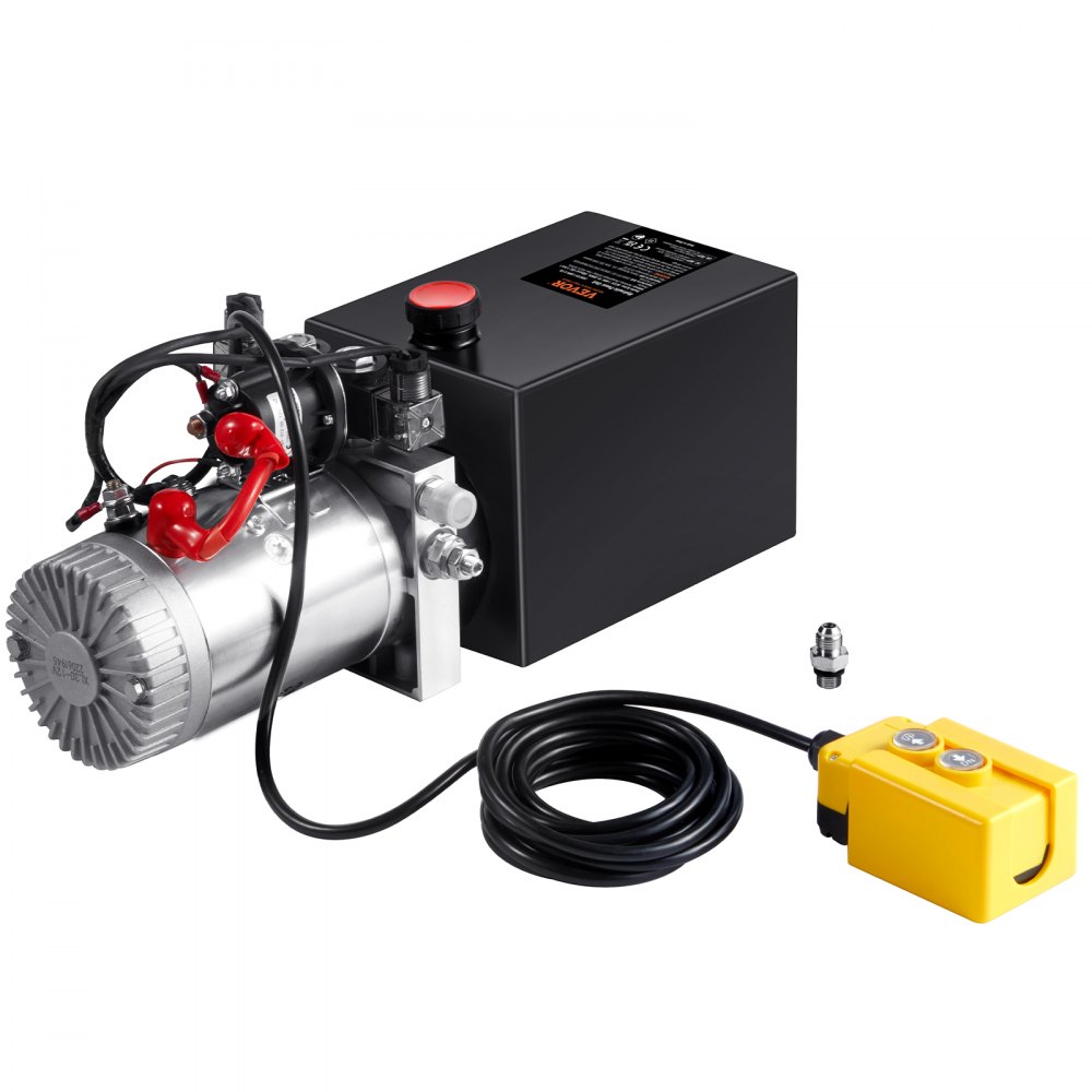 Bomba hidráulica VEVOR con carcasa de metal, caja de control negra, control remoto amarillo y cables adjuntos.