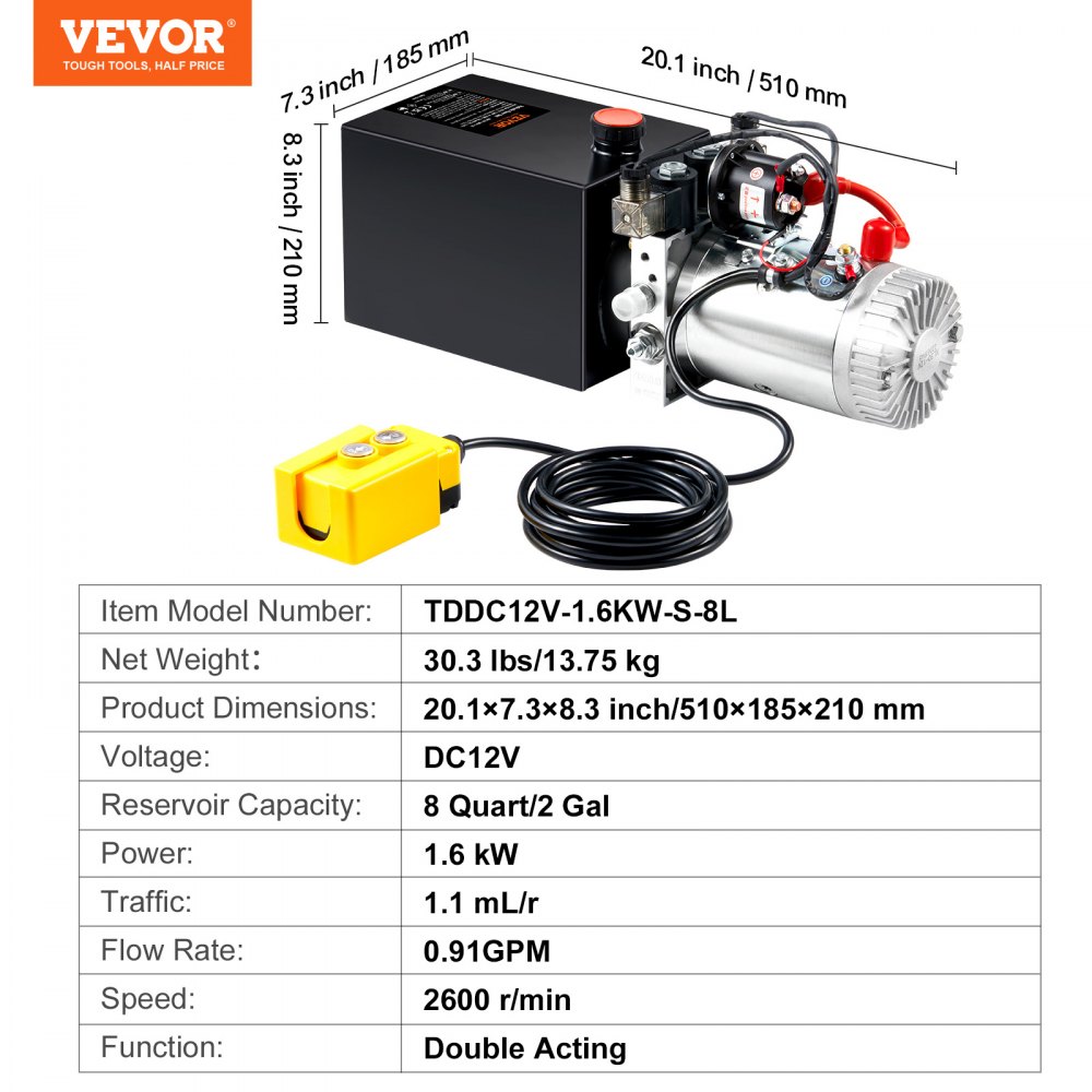VEVOR Bomba Hidráulica DC 12 V 8 L Unidad Hidráulica de Doble Acción Flujo de Aceite 3,44 L/min Presión Máxima de Descarga 22 MPa para Volquete, Plataforma Elevadora, Remolque, Elevación y Descarga