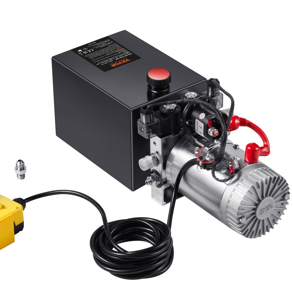 Bomba hidráulica VEVOR con caja de control negra, botón rojo, cable enrollado y motor metálico.