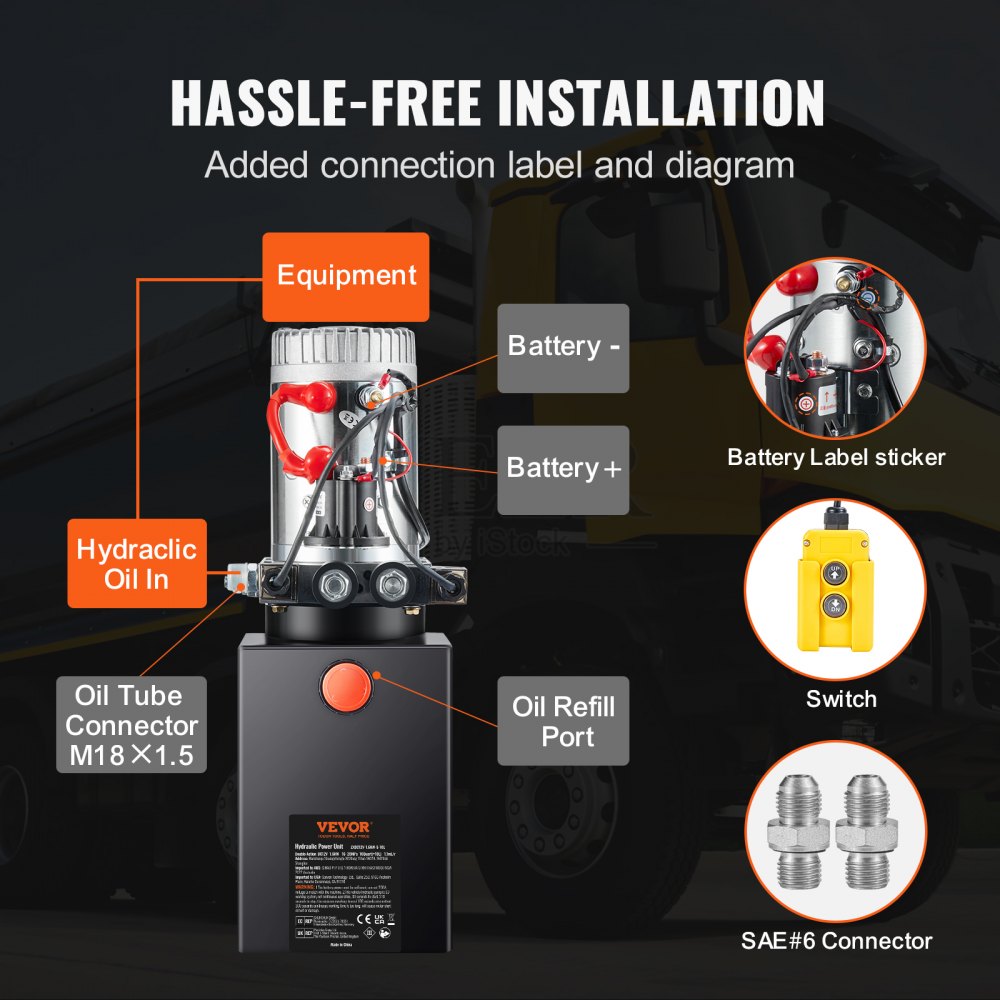 VEVOR Hydraulic Pump Hydraulic Power Pack 12V Hydraulic Power Pack 1600W, Double-Acting Hydraulic Pump Hydraulic Power Pack, 2.5 Gal Tank Hand Pump Hydraulic Power Pack, for Elevators, Forklifts, etc.