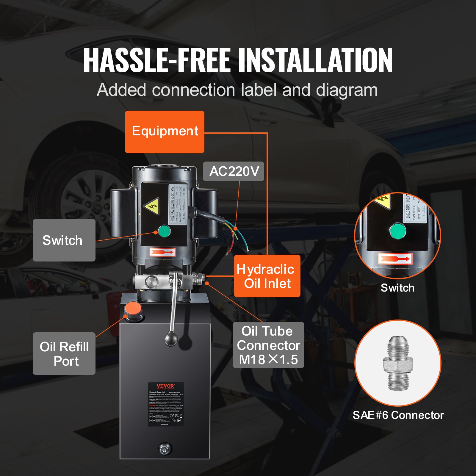 VEVOR Bomba Hidráulica AC 220 V 14 L Unidad Hidráulica de Acción Única Flujo de Aceite 6,4 L/min Presión Máxima de Descarga 22 MPa para Volquete, Plataforma Elevadora, Remolque, Elevación y Descarga