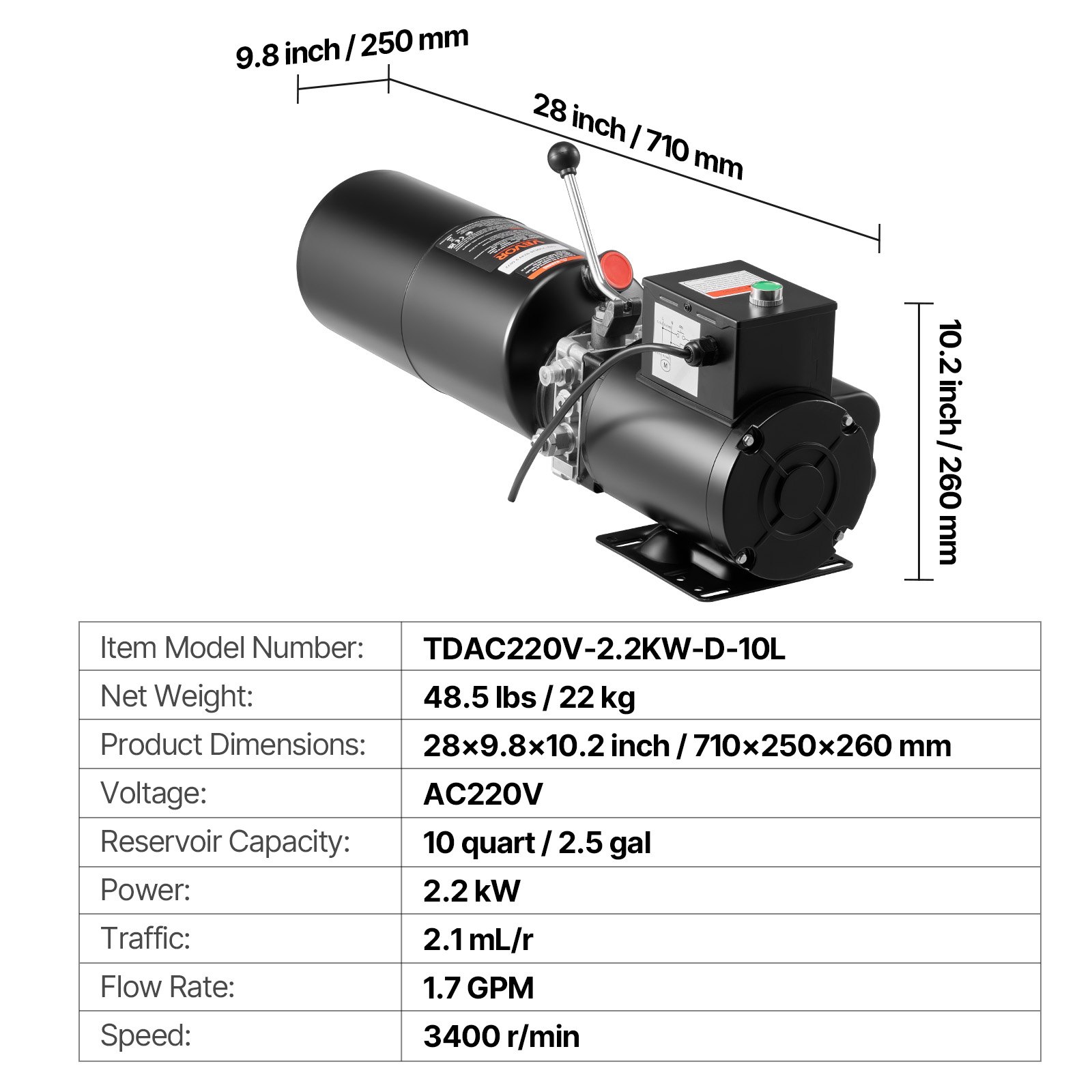 VEVOR Bomba Hidráulica de Simple Efecto, Caudal de Aceite de 6,3 L/min, Presión Máxima de Descarga 22 MPa, para Camiones, Talleres Mecánicos y Elevadores de Vehículos, Negro, 710 x 250 x 260 mm