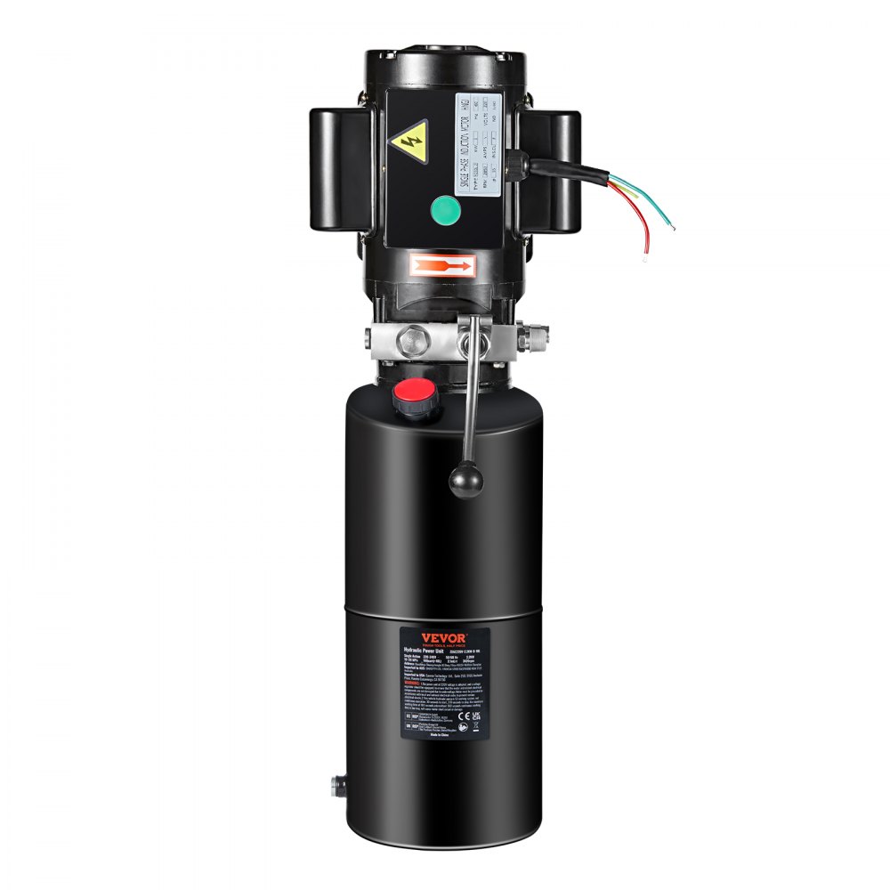 Bomba hidráulica VEVOR con cuerpo cilíndrico negro, cables conectados y botones de control en disposición vertical.