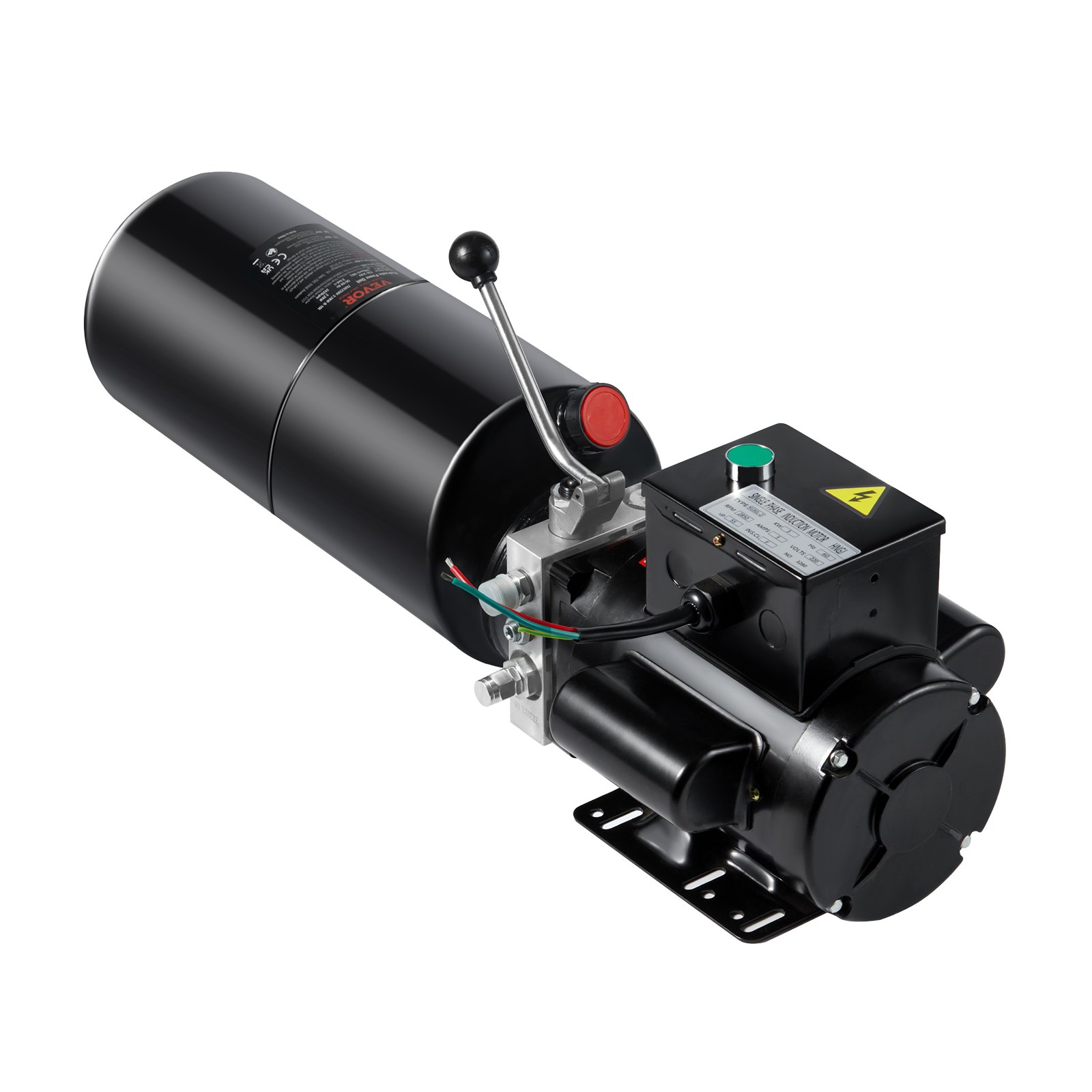 Bomba hidráulica VEVOR negra con mango de metal y motor eléctrico, adecuada para diversas aplicaciones.