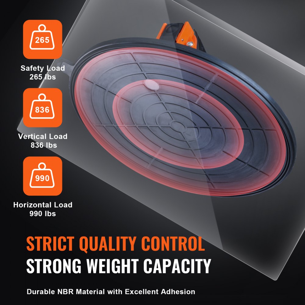 VEVOR Ventosa de Vidrio 254mm Ventosa para Azulejos Carga 449 kg con Mango Acero, Caja de Transporte de PP, Par de Guantes, Ventosa de Elevación para Placas de Vidrio, Granito, Azulejos, Metal, Madera