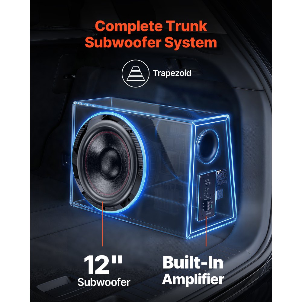 VEVOR Subwoofer para Maletero de Coche 245W RMS 305mm, Caja de Subwoofer con Carcasa, Amplificador Integrado, Juego de Cableado, Diseño Trapezoidal Delgado y Compacto, para Sistema de Audio de Coche