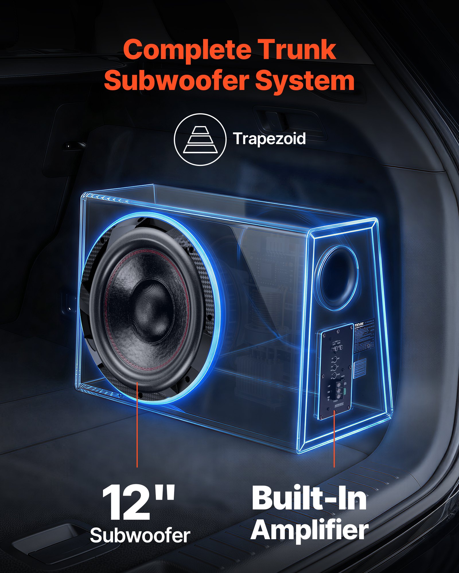 VEVOR Subwoofer para Maletero de Coche 245W RMS 305mm, Caja de Subwoofer con Carcasa, Amplificador Integrado, Juego de Cableado, Diseño Trapezoidal Delgado y Compacto, para Sistema de Audio de Coche