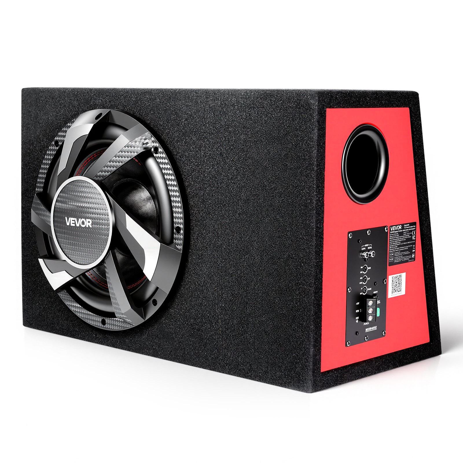 VEVOR Subwoofer para Maletero de Coche 245W RMS 305mm, Caja de Subwoofer con Carcasa, Amplificador Integrado, Juego de Cableado, Diseño Trapezoidal Delgado y Compacto, para Sistema de Audio de Coche