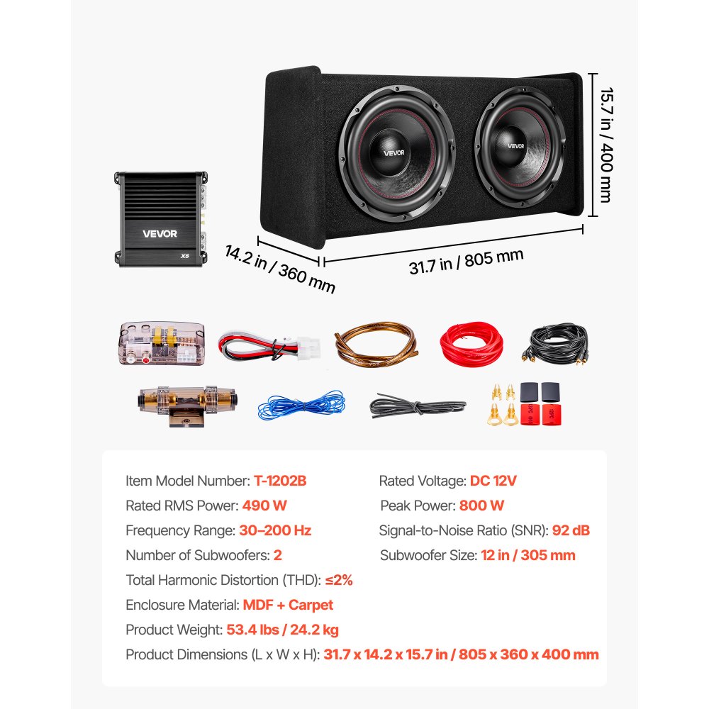 VEVOR Paquete de Subwoofer y Amplificador 490W RMS 305 mm, Subwoofer Dual con Carcasa, Amplificador Independiente y Juego de Cableado, para Maleteros de Vehículos y Sistemas de Audio de Coche