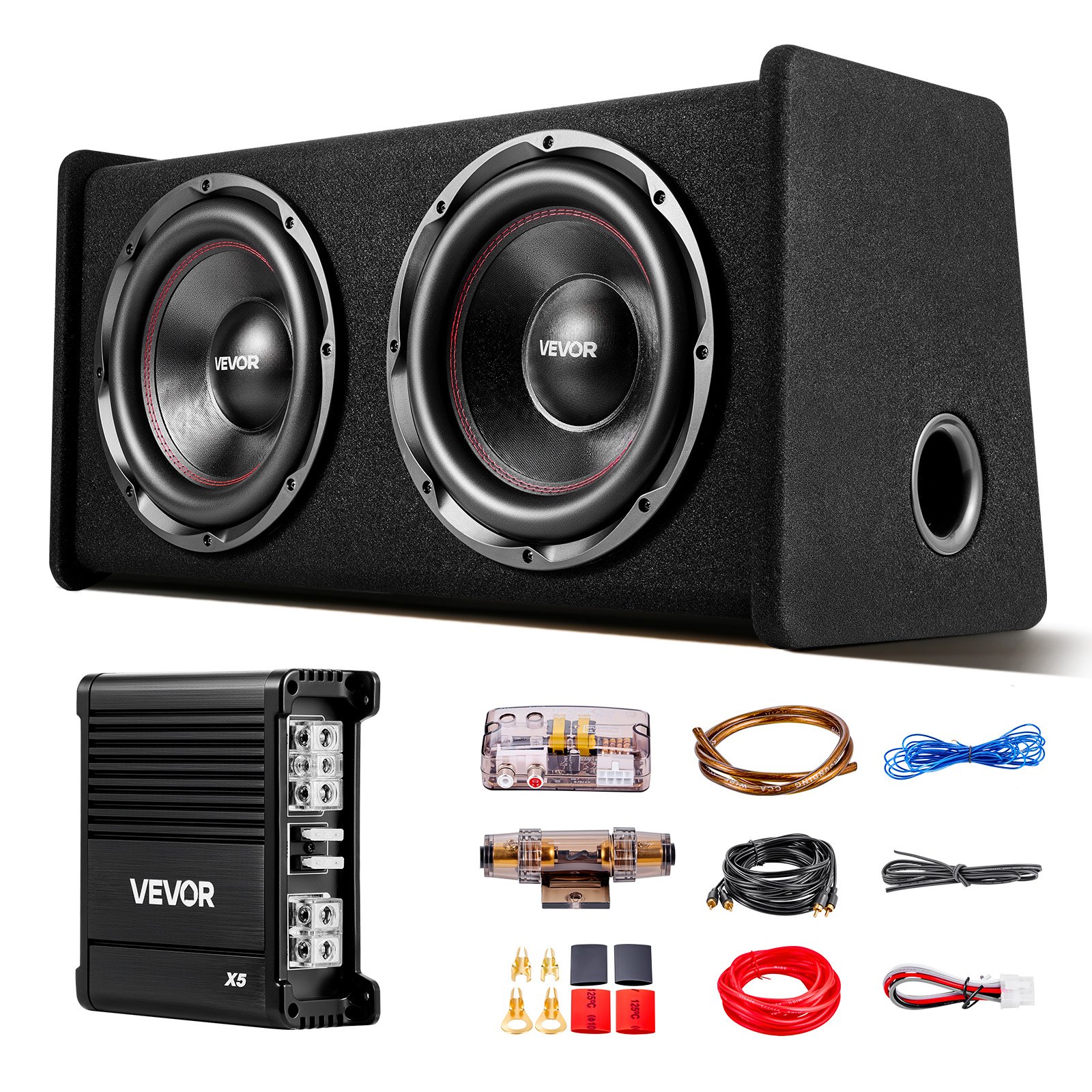 VEVOR Paquete de Subwoofer y Amplificador 490W RMS 305 mm, Subwoofer Dual con Carcasa, Amplificador Independiente y Juego de Cableado, para Maleteros de Vehículos y Sistemas de Audio de Coche