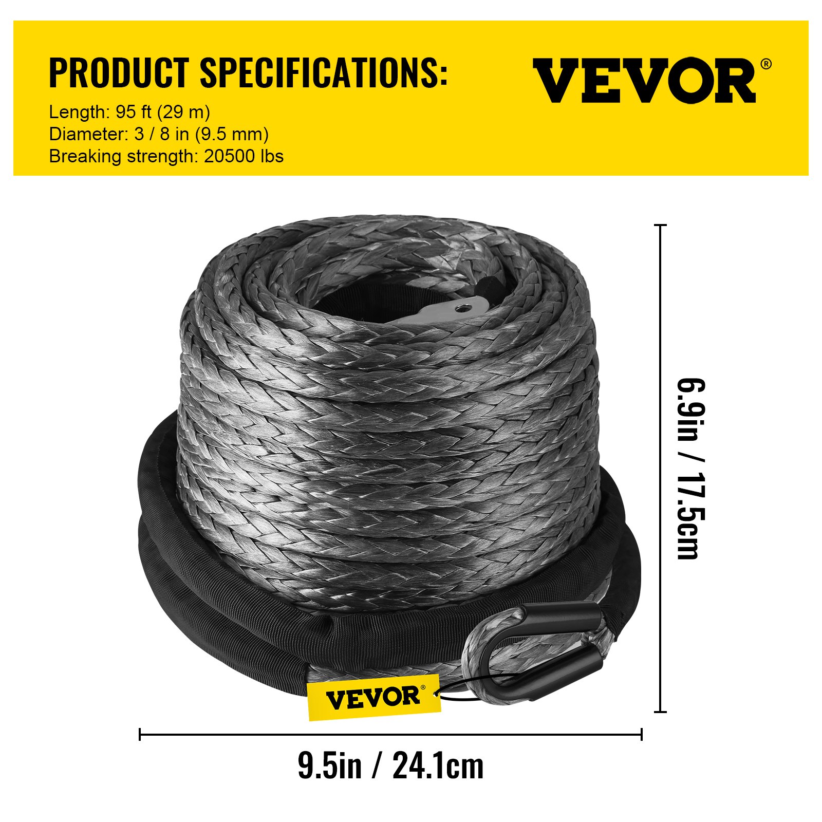 VEVOR Cuerda de Cable de Cabrestante Sintética, 28,95 m x 9,5 mm Fuerza de Resistencia 20500 lb Línea de Cabrestante Sintética, Peso Bruto 4 kg Gris Cuerda de Cabrestante Sintética para Camión ATV