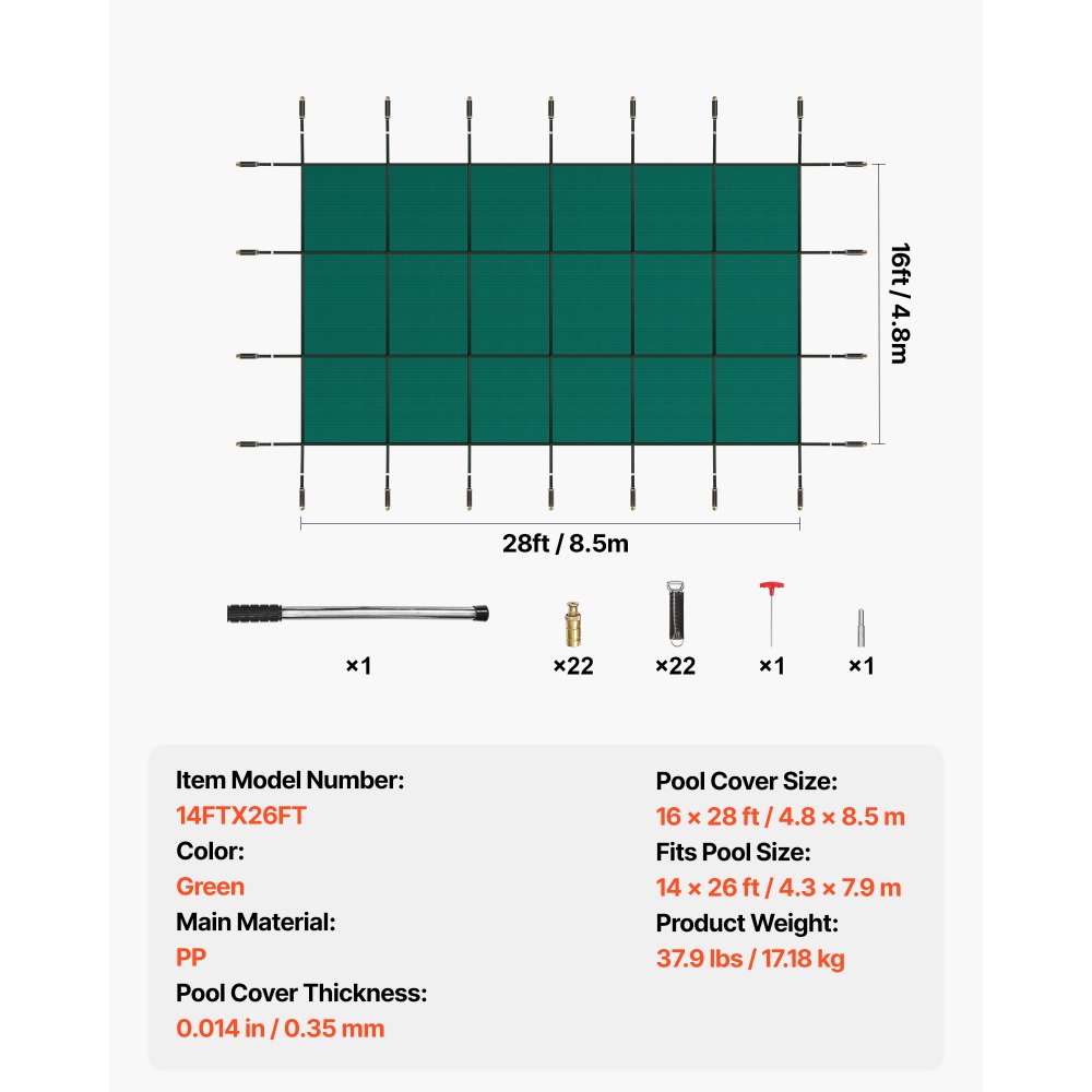 VEVOR Cubierta de Seguridad para Piscina Tamaño de Cubierta 4,9 x 8,5 m Cobertor para Piscina Rectangular Tamaño de Piscina 4,3 x 7,9 m Lona de Piscina para Piscinas Enterradas de Hogar Jardín Hotel