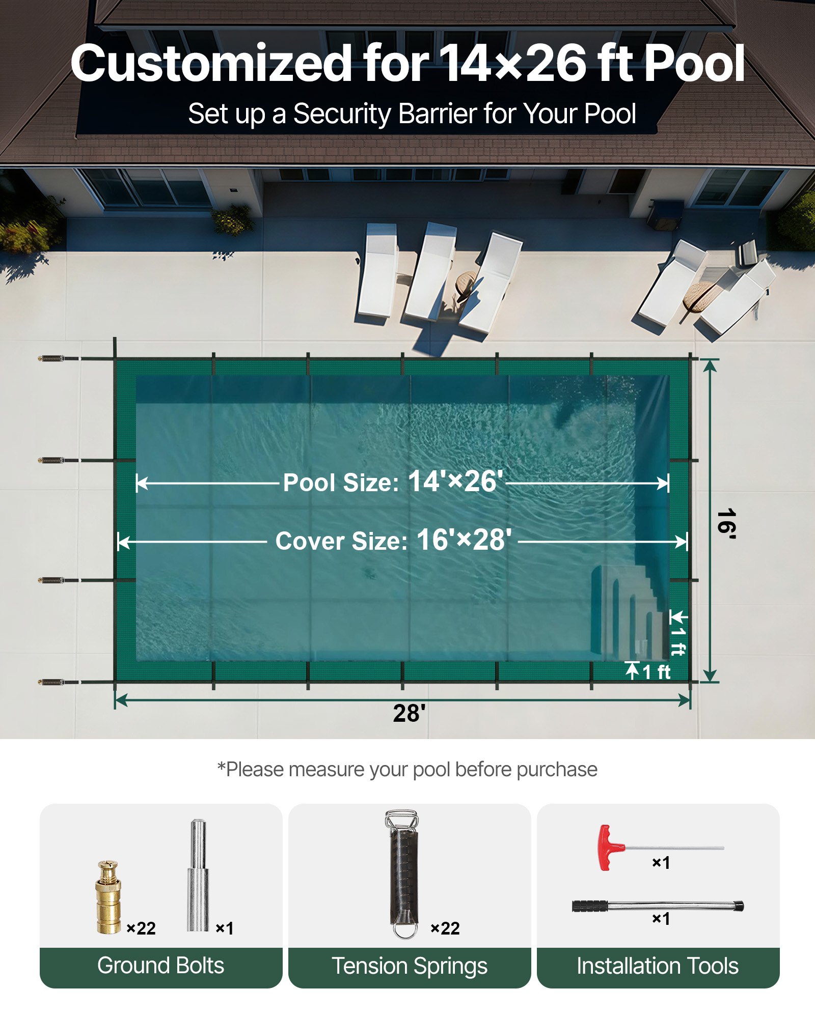 VEVOR Cubierta de Seguridad para Piscina Tamaño de Cubierta 4,9 x 8,5 m Cobertor para Piscina Rectangular Tamaño de Piscina 4,3 x 7,9 m Lona de Piscina para Piscinas Enterradas de Hogar Jardín Hotel