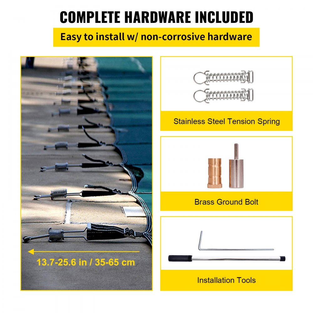 Cubierta de seguridad para piscina VEVOR con resortes de acero inoxidable, pernos de latón y herramientas.
