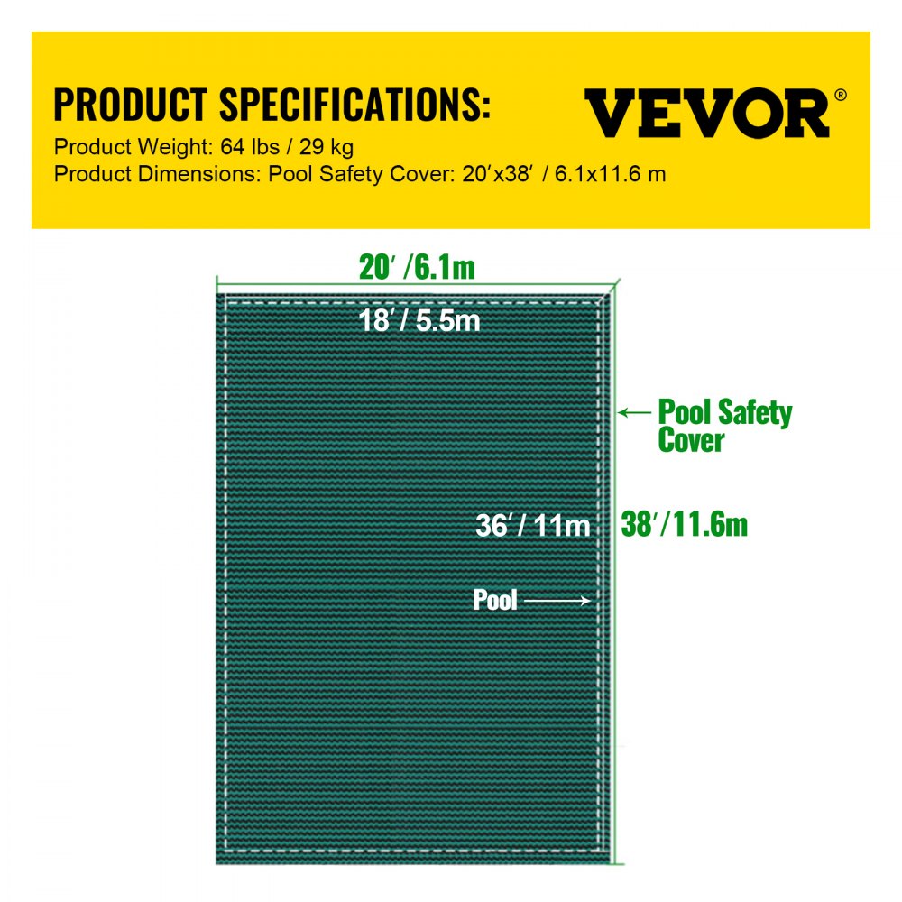 VEVOR Rectangular Swimming Pool Cover 5.5 x 10.9 m for all types of pools such as home, garden, hotel, technical facilities, to better protect your pool. Green, suitable for winter outdoor use.