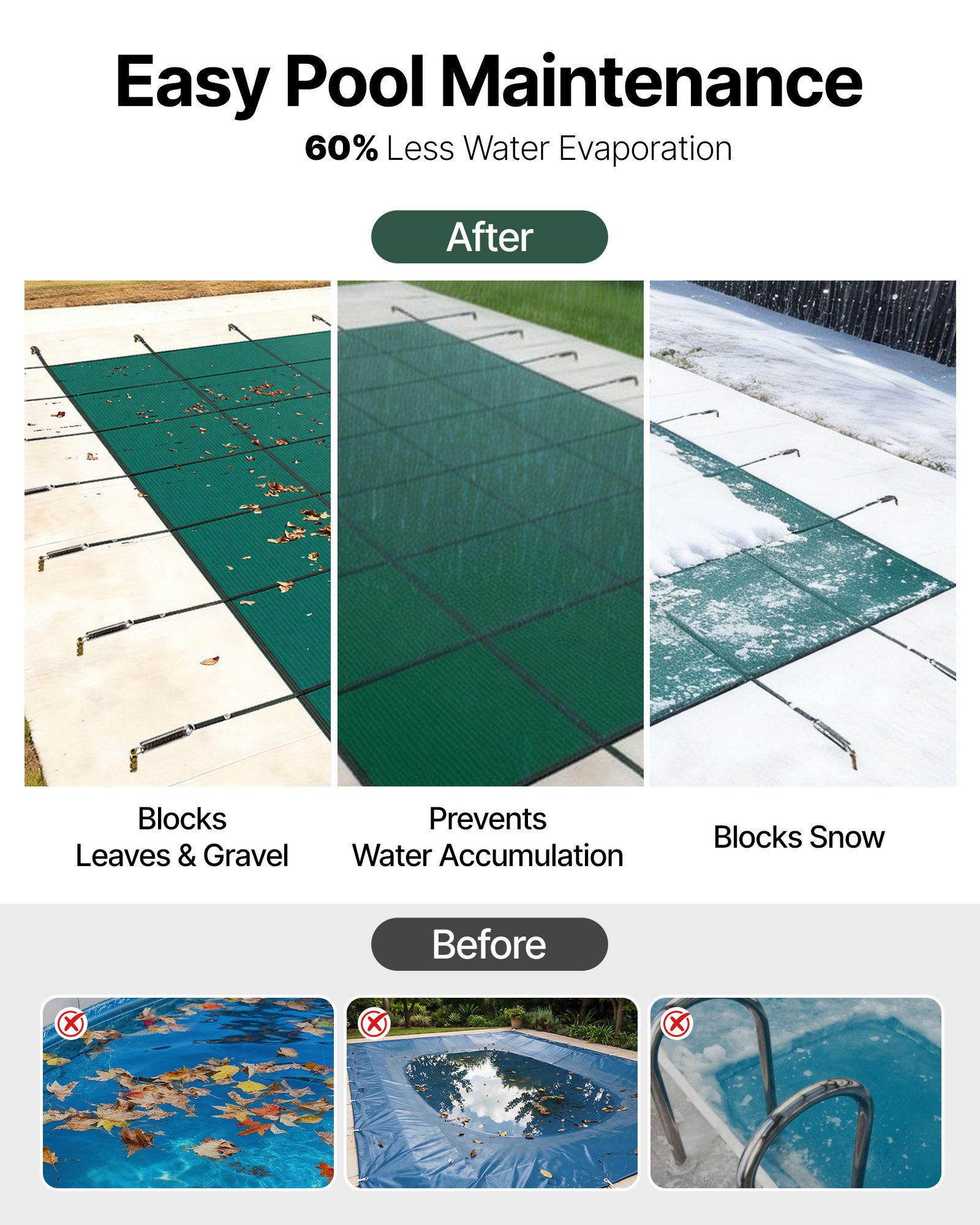 VEVOR Cubierta Rectangular de Protección para Piscinas Tubulares 548.64x1097.28CM Cobertor para Piscina Mejor Drenaje