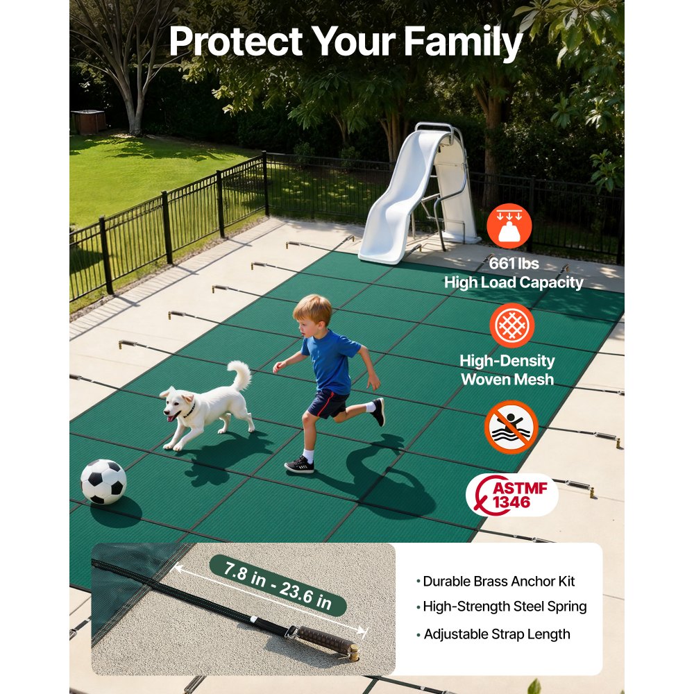 VEVOR Cubierta de Seguridad para Piscina Tamaño de Cubierta 6,7 x 12,8 m Cobertor para Piscina Rectangular Tamaño de Piscina 6,1 x 12,2 m Lona de Piscina para Piscinas Enterradas de Hogar Jardín Hotel