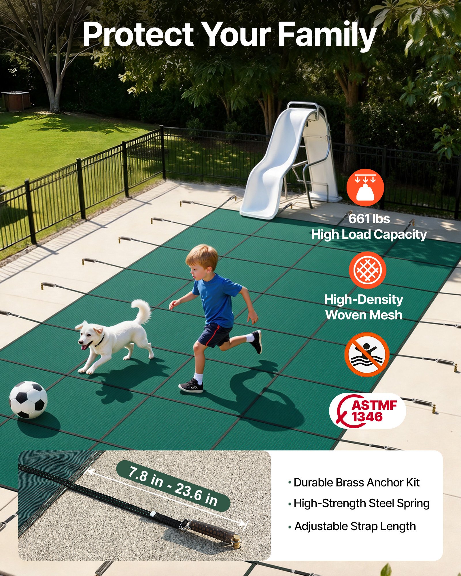 VEVOR Cubierta de Seguridad para Piscina Tamaño de Cubierta 6,7 x 12,8 m Cobertor para Piscina Rectangular Tamaño de Piscina 6,1 x 12,2 m Lona de Piscina para Piscinas Enterradas de Hogar Jardín Hotel