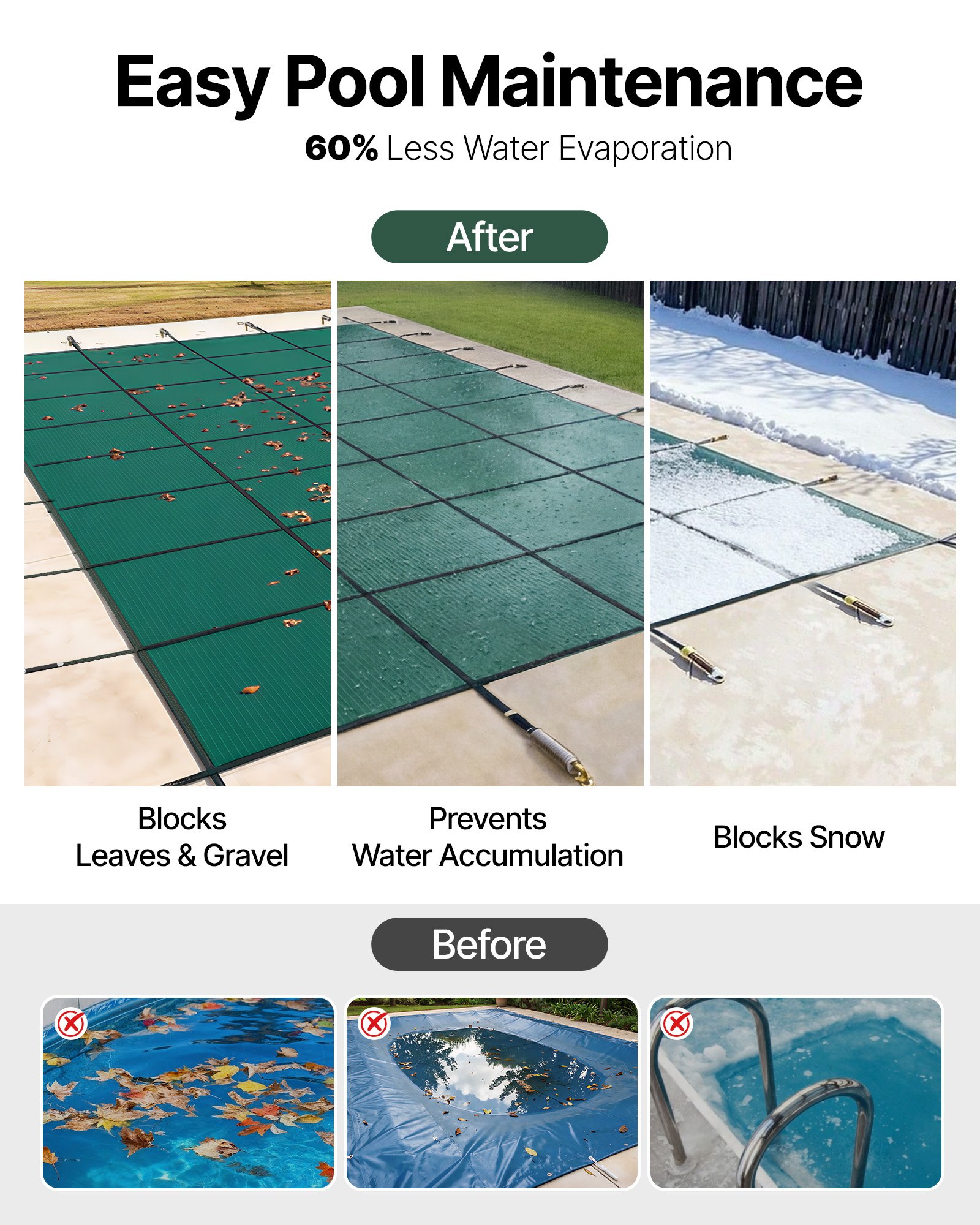 VEVOR Cubierta de Seguridad para Piscina Tamaño de Cubierta 6,7 x 12,8 m Cobertor para Piscina Rectangular Tamaño de Piscina 6,1 x 12,2 m Lona de Piscina para Piscinas Enterradas de Hogar Jardín Hotel