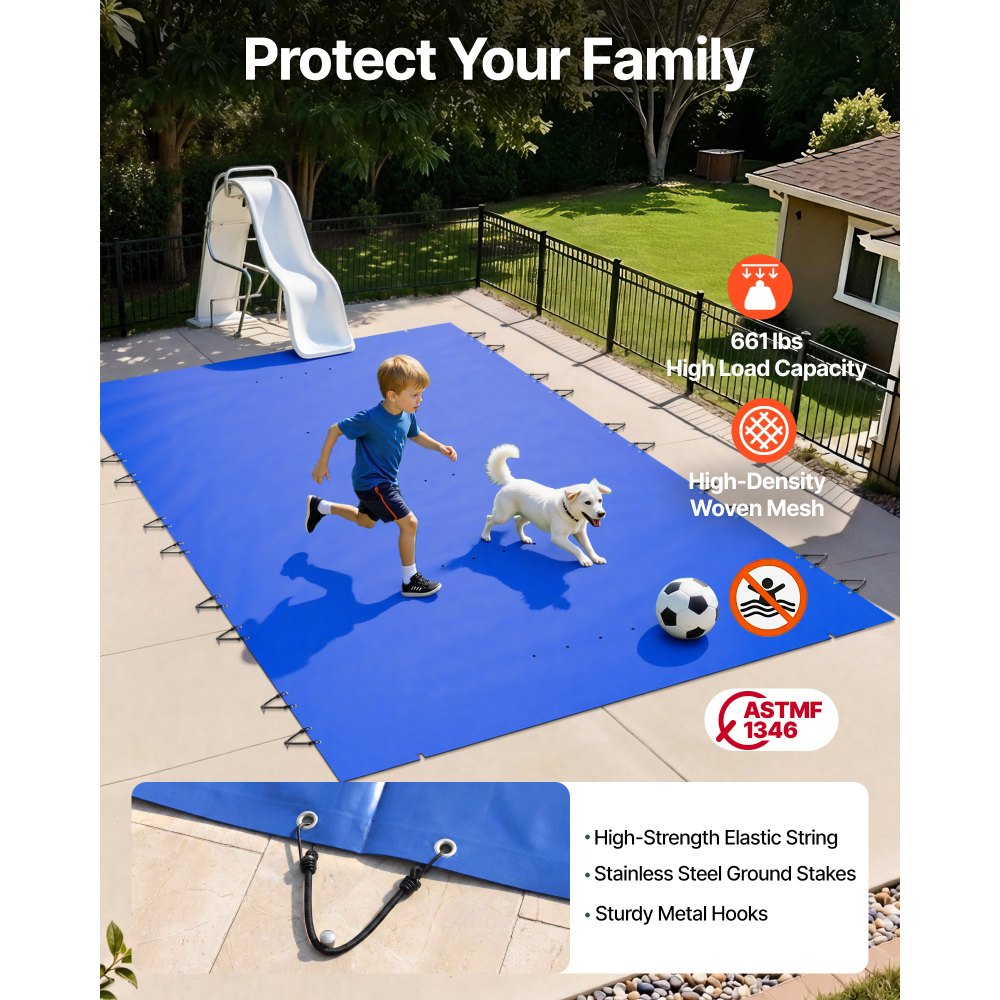 VEVOR Cubierta de Seguridad para Piscina, Tamaño de 4 x 7 m Cobertor de Piscina Rectangular, Tamaño de Piscina de 3,7 x 6,7 m Lona de Piscina de PVC Azul, Fácil de Instalar y Prevenir Escombros