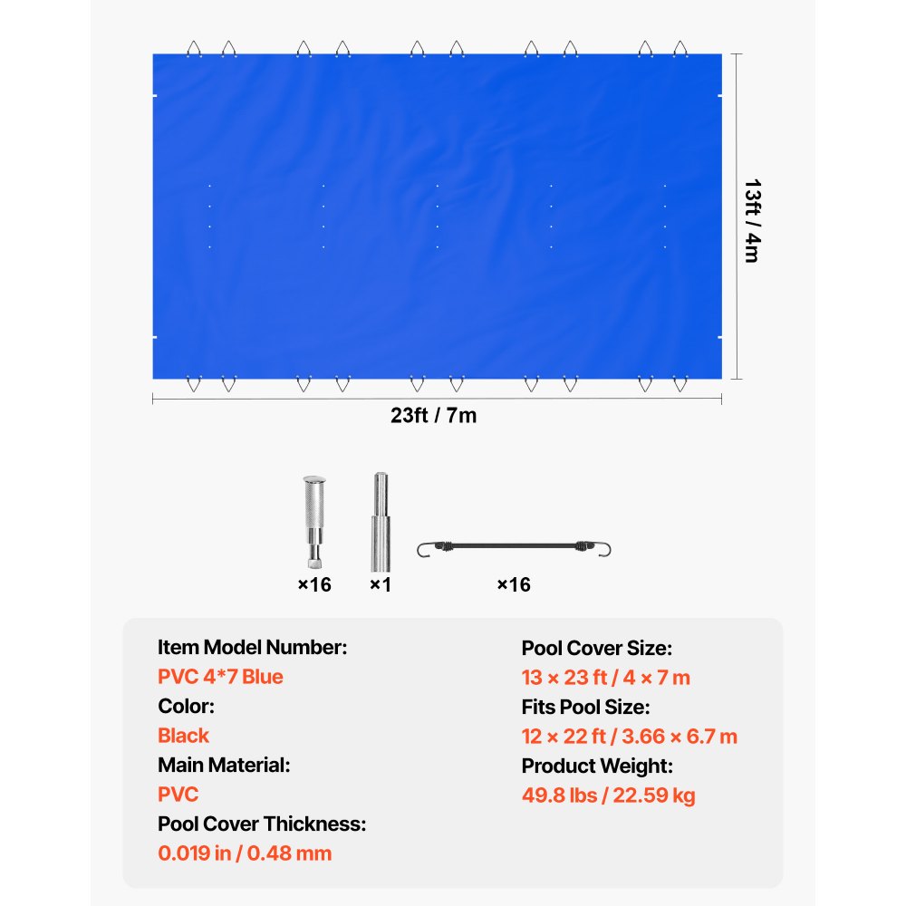 VEVOR Cubierta de Seguridad para Piscina, Tamaño de 4 x 7 m Cobertor de Piscina Rectangular, Tamaño de Piscina de 3,7 x 6,7 m Lona de Piscina de PVC Azul, Fácil de Instalar y Prevenir Escombros
