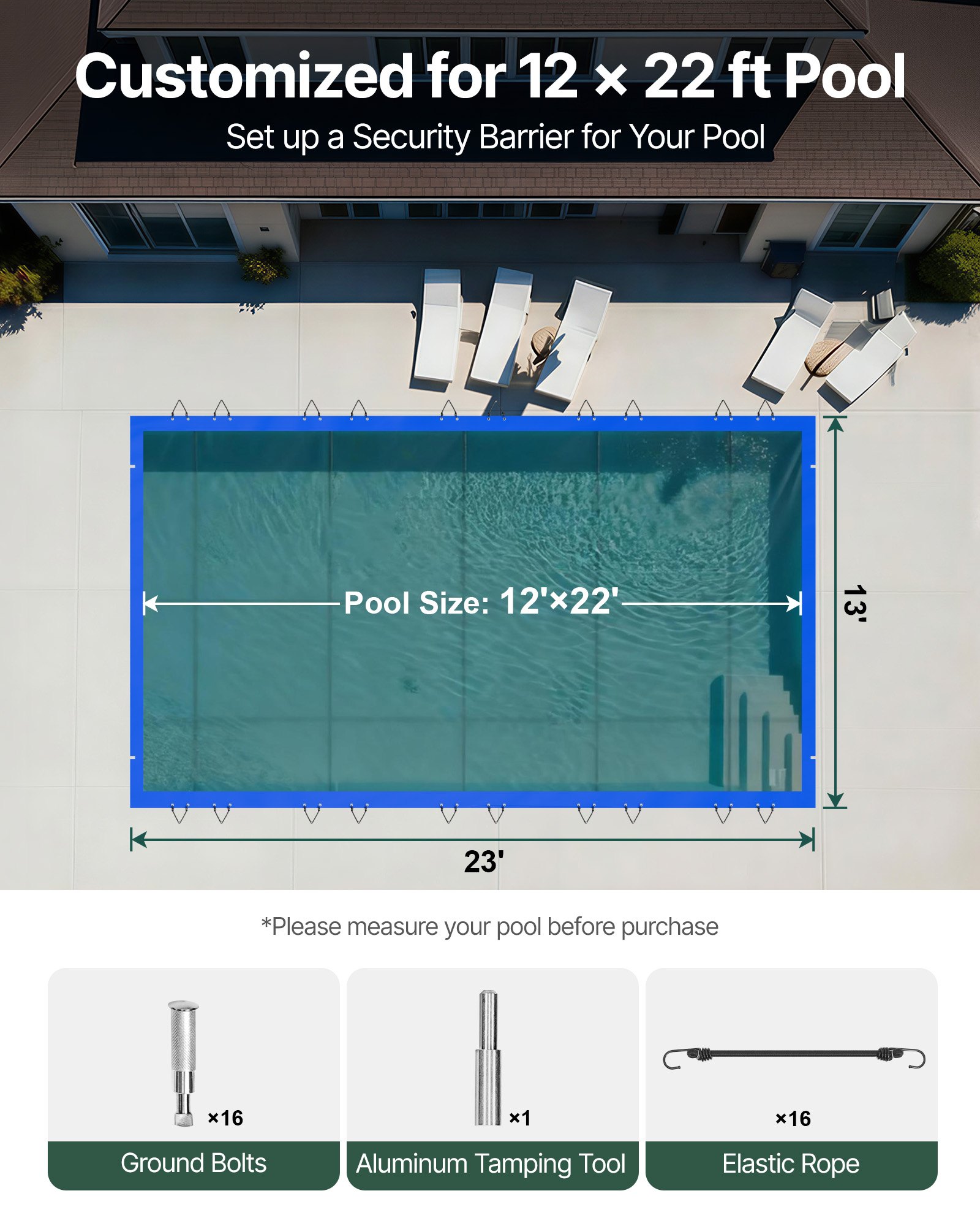 VEVOR Cubierta de Seguridad para Piscina, Tamaño de 4 x 7 m Cobertor de Piscina Rectangular, Tamaño de Piscina de 3,7 x 6,7 m Lona de Piscina de PVC Azul, Fácil de Instalar y Prevenir Escombros