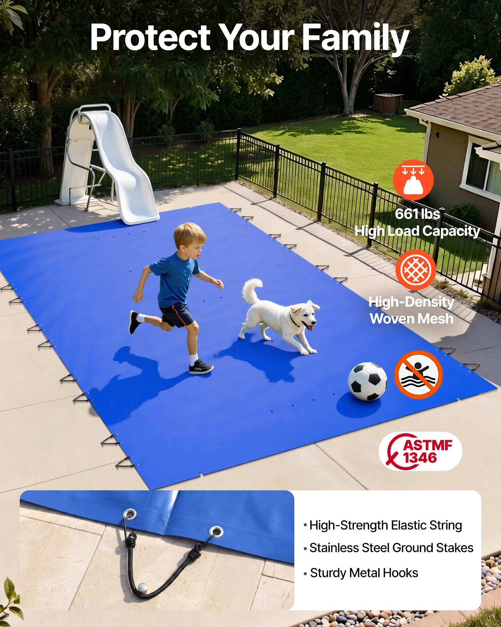 VEVOR Cubierta de Seguridad para Piscina, Tamaño de 4 x 7 m Cobertor de Piscina Rectangular, Tamaño de Piscina de 3,7 x 6,7 m Lona de Piscina de PVC Azul, Fácil de Instalar y Prevenir Escombros