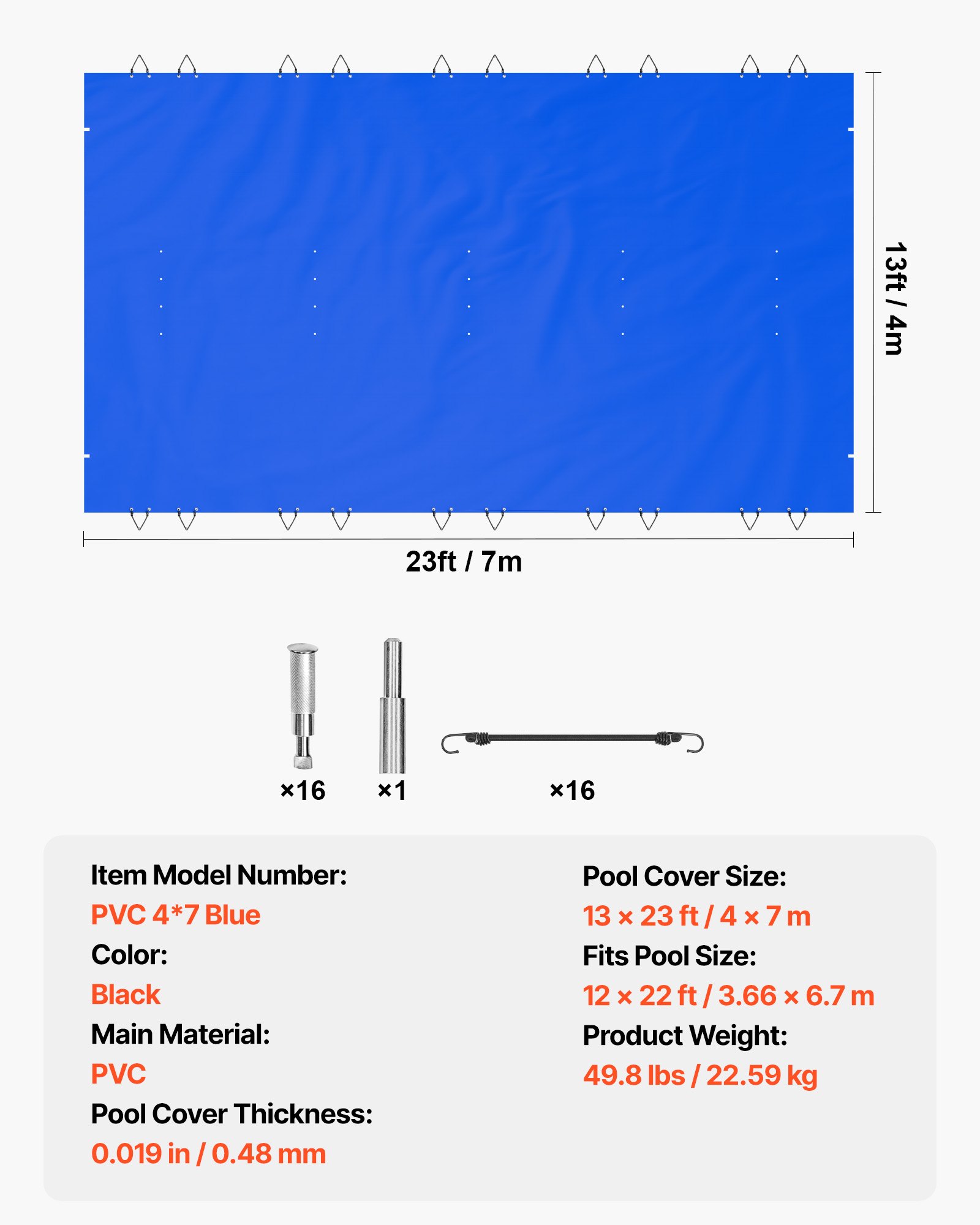VEVOR Cubierta de Seguridad para Piscina, Tamaño de 4 x 7 m Cobertor de Piscina Rectangular, Tamaño de Piscina de 3,7 x 6,7 m Lona de Piscina de PVC Azul, Fácil de Instalar y Prevenir Escombros