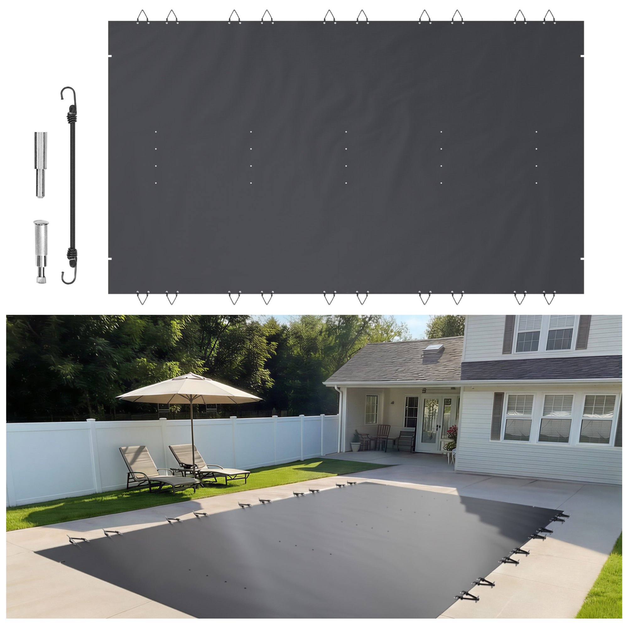 VEVOR Cubierta de Seguridad para Piscina Tamaño de 4 x 7 m Cobertor de Piscina Rectangular, Tamaño de Piscina de 3,7 x 6,7 m Lona de Piscina de PVC Color Carbón, Fácil de Instalar y Prevenir Escombros
