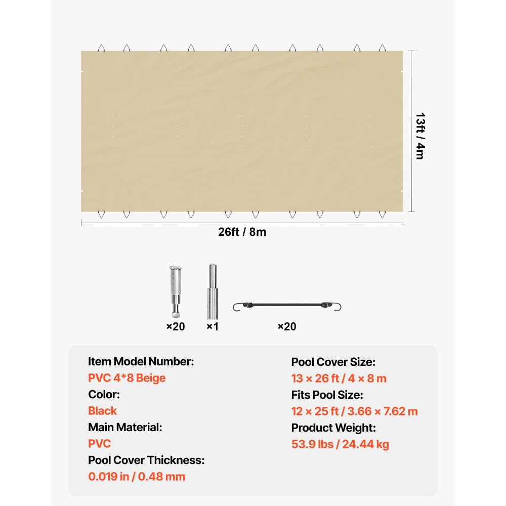 VEVOR Cubierta de Seguridad para Piscina, Tamaño de 4 x 8 m Cobertor de Piscina Rectangular Tamaño de Piscina de 3,7 x 7,7 m Lona de Piscina de PVC Color Beige, Fácil de Instalar y Prevenir Escombros