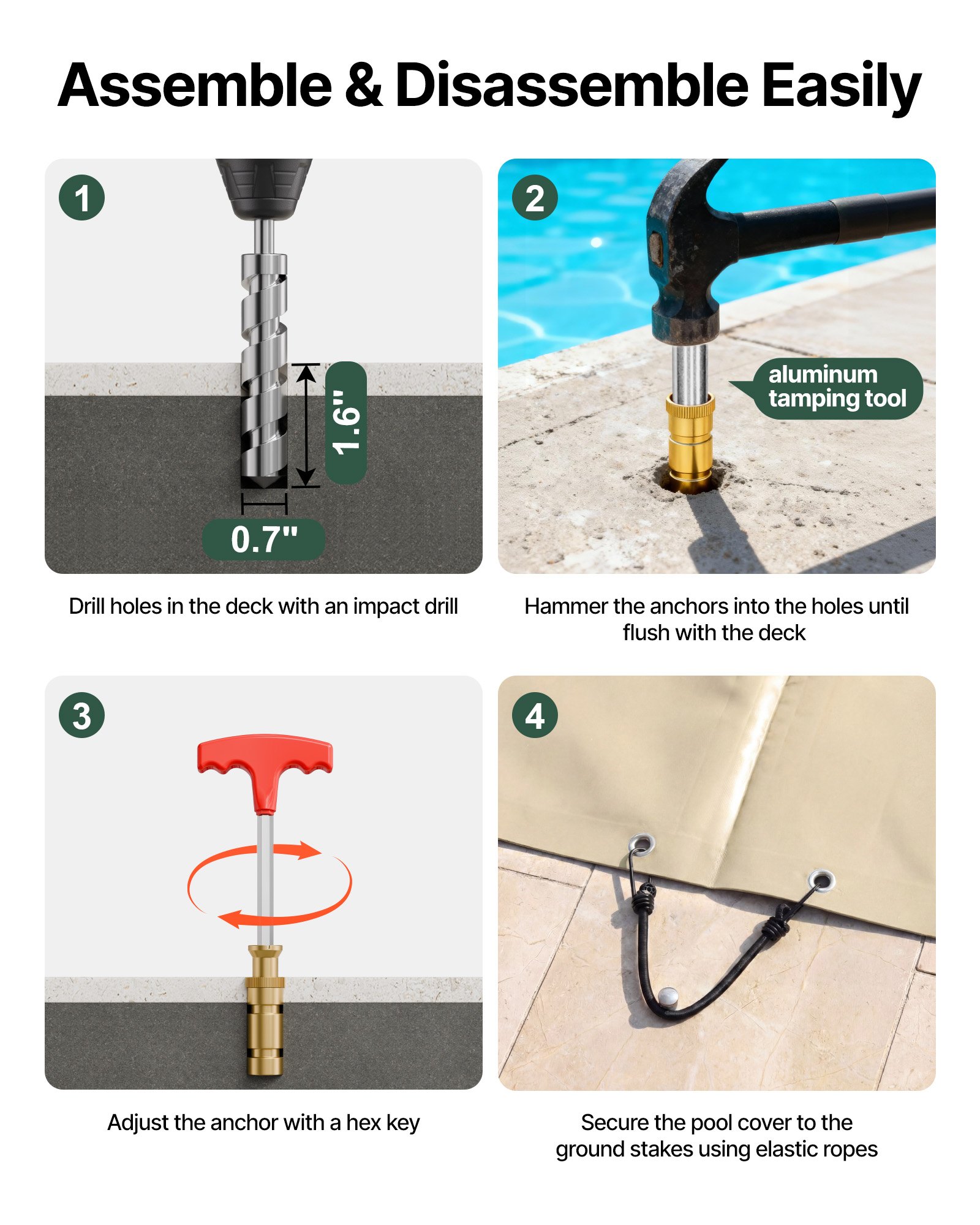 VEVOR Cubierta de Seguridad para Piscina, Tamaño de 4 x 8 m Cobertor de Piscina Rectangular Tamaño de Piscina de 3,7 x 7,7 m Lona de Piscina de PVC Color Beige, Fácil de Instalar y Prevenir Escombros