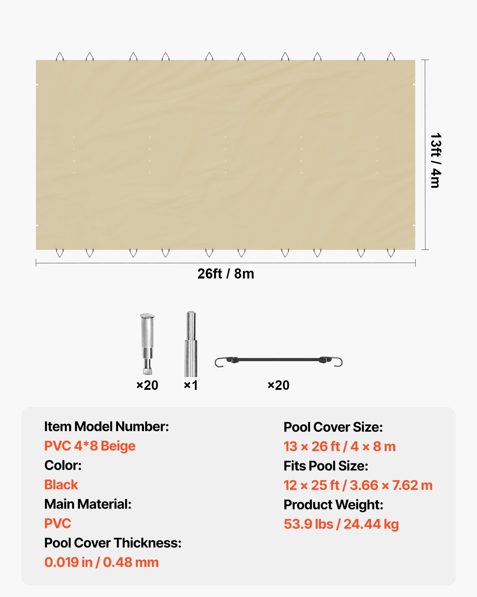 VEVOR Cubierta de Seguridad para Piscina, Tamaño de 4 x 8 m Cobertor de Piscina Rectangular Tamaño de Piscina de 3,7 x 7,7 m Lona de Piscina de PVC Color Beige, Fácil de Instalar y Prevenir Escombros
