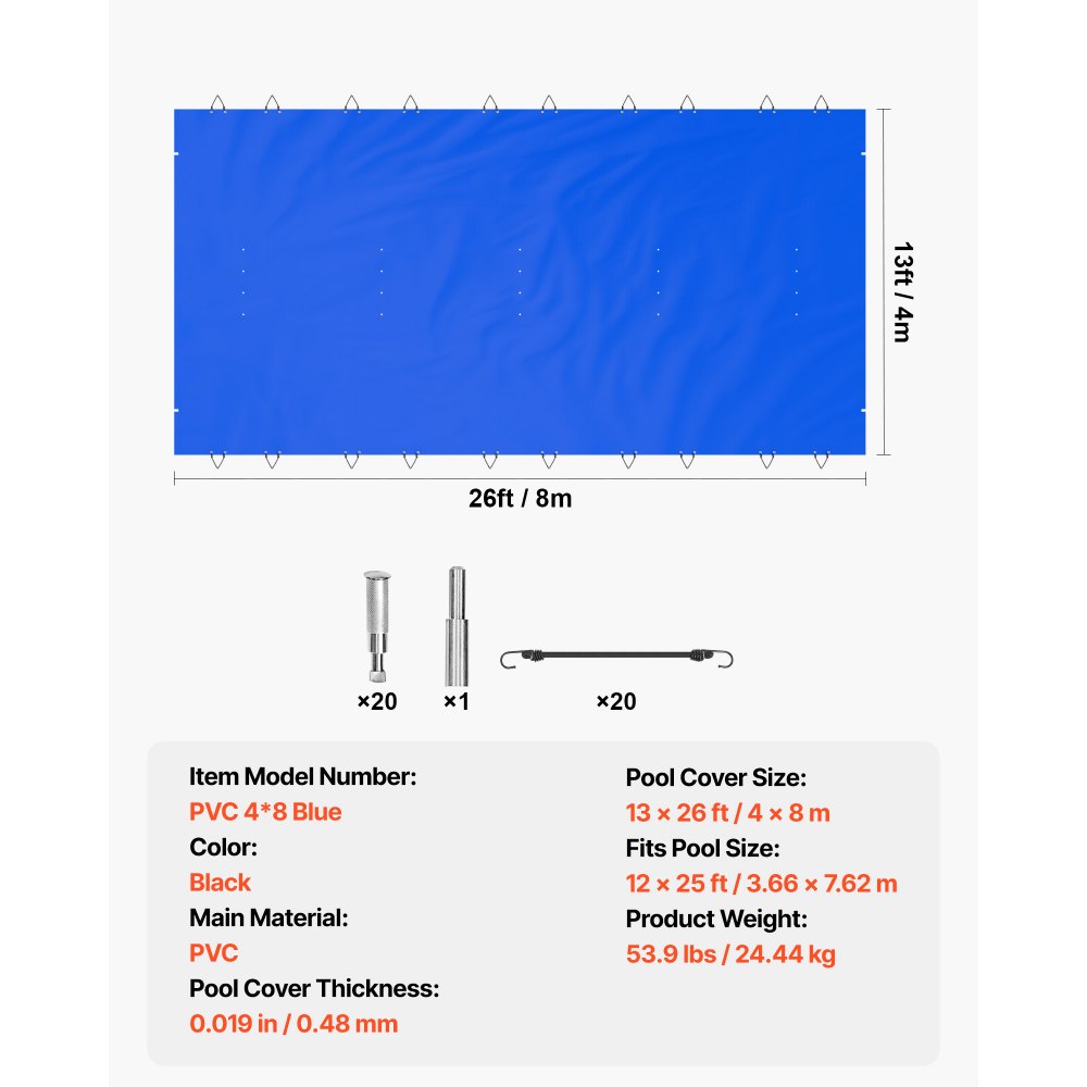 VEVOR Cubierta de Seguridad para Piscina, Tamaño de 4 x 8 m Cobertor de Piscina Rectangular, Tamaño de Piscina de 3,7 x 7,7 m Lona de Piscina de PVC Azul, Fácil de Instalar y Prevenir Escombros