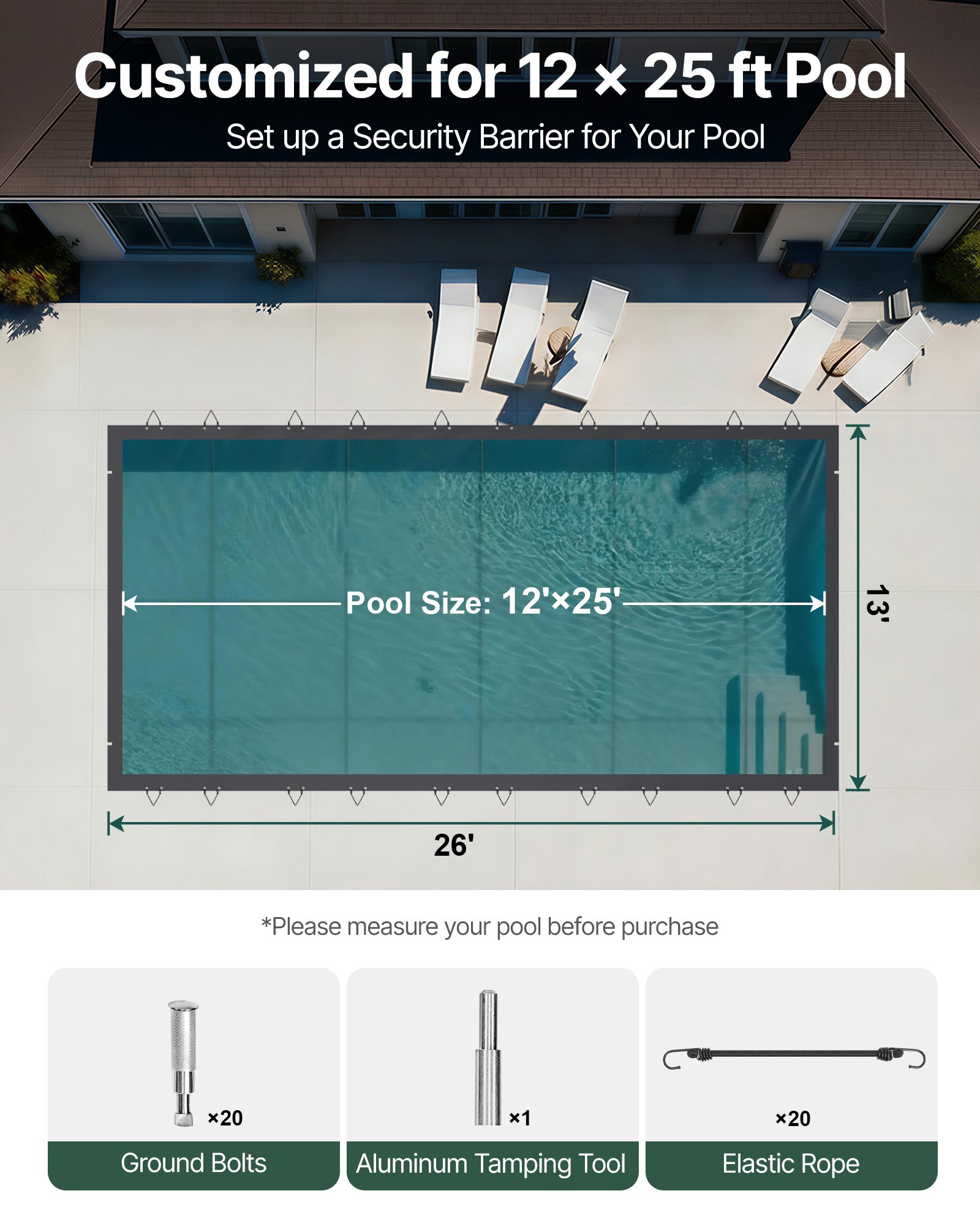 VEVOR Cubierta de Seguridad para Piscina 4 x 8 m Cobertor de Piscina Tamaño de Piscina 3,7 x 7,7 m, con 24 Tornillos de Tierra, para Todo Tipo de Piscinas como Hogar, Jardín, Hotel