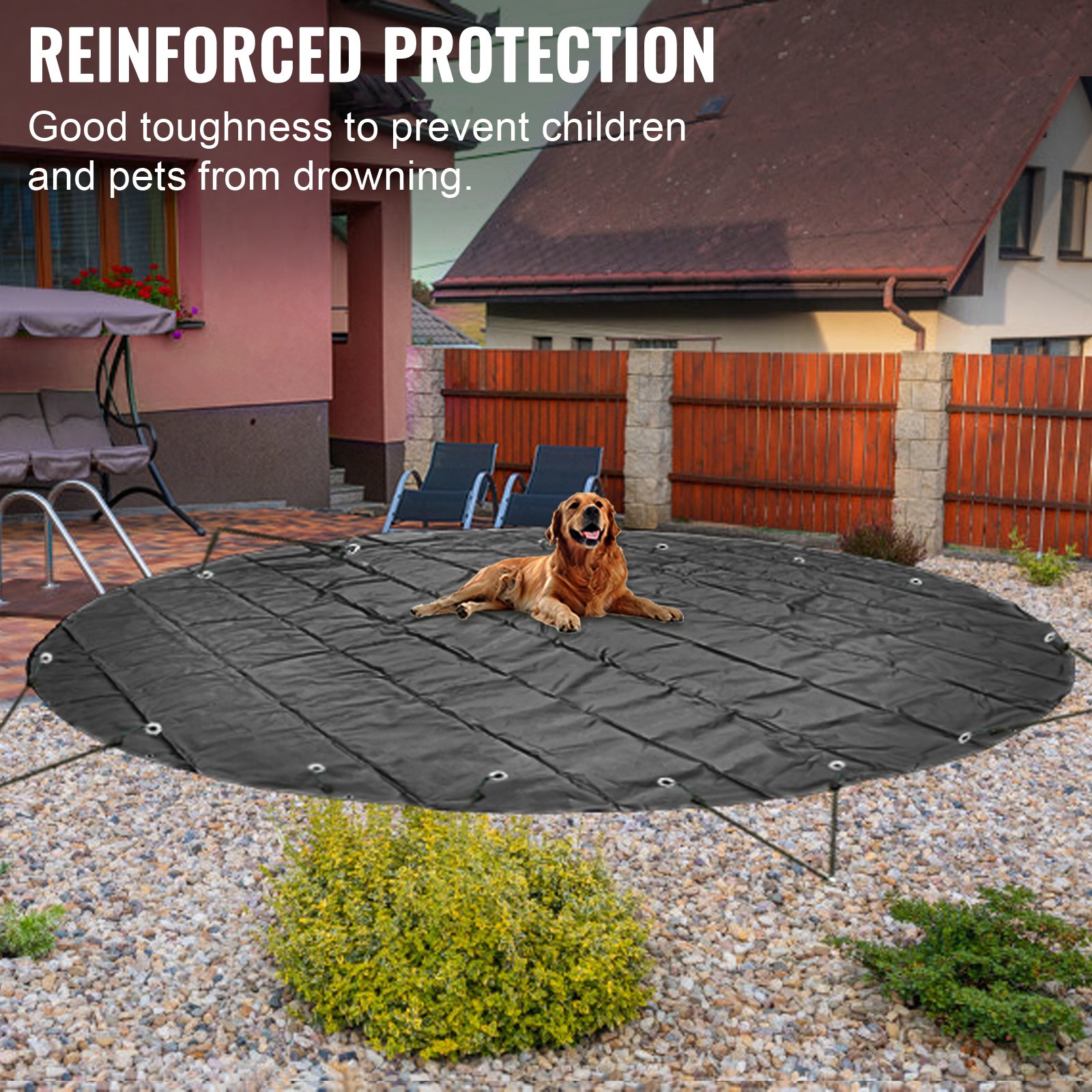 VEVOR Cubierta de Seguridad para Piscina, Diámetro de 7 m Cobertor de Piscina Redondo, Diámetro de Piscina de 6,7 m Lona de Piscina de PVC Color Carbón, Fácil de Instalar y Prevenir Escombros y Hojas