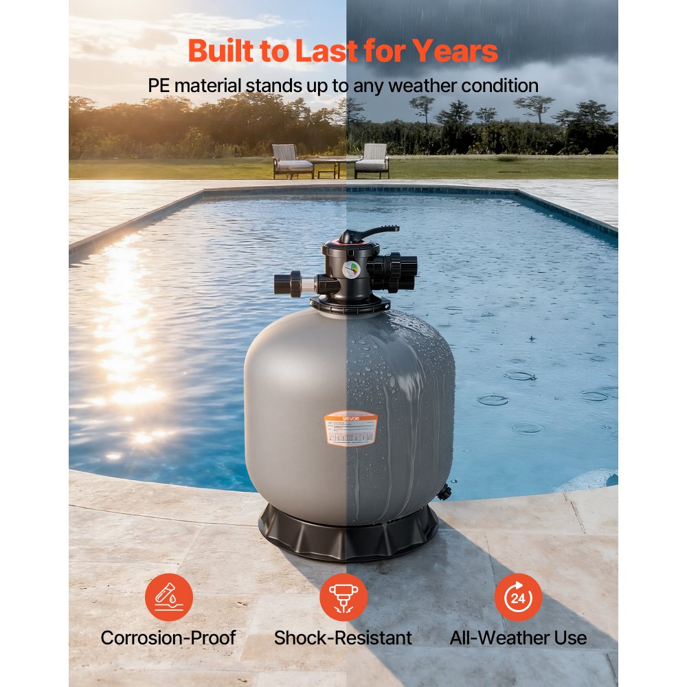 VEVOR Filtro de Arena de 609,6 mm y 246,1 LPM, para Piscinas Elevadas Enterradas, PE, con Válvula Multipuerto de 7 Vías, Retrolavado, Enjuague, Recirculación, Desagüe, Invierno y Modos Cerrados