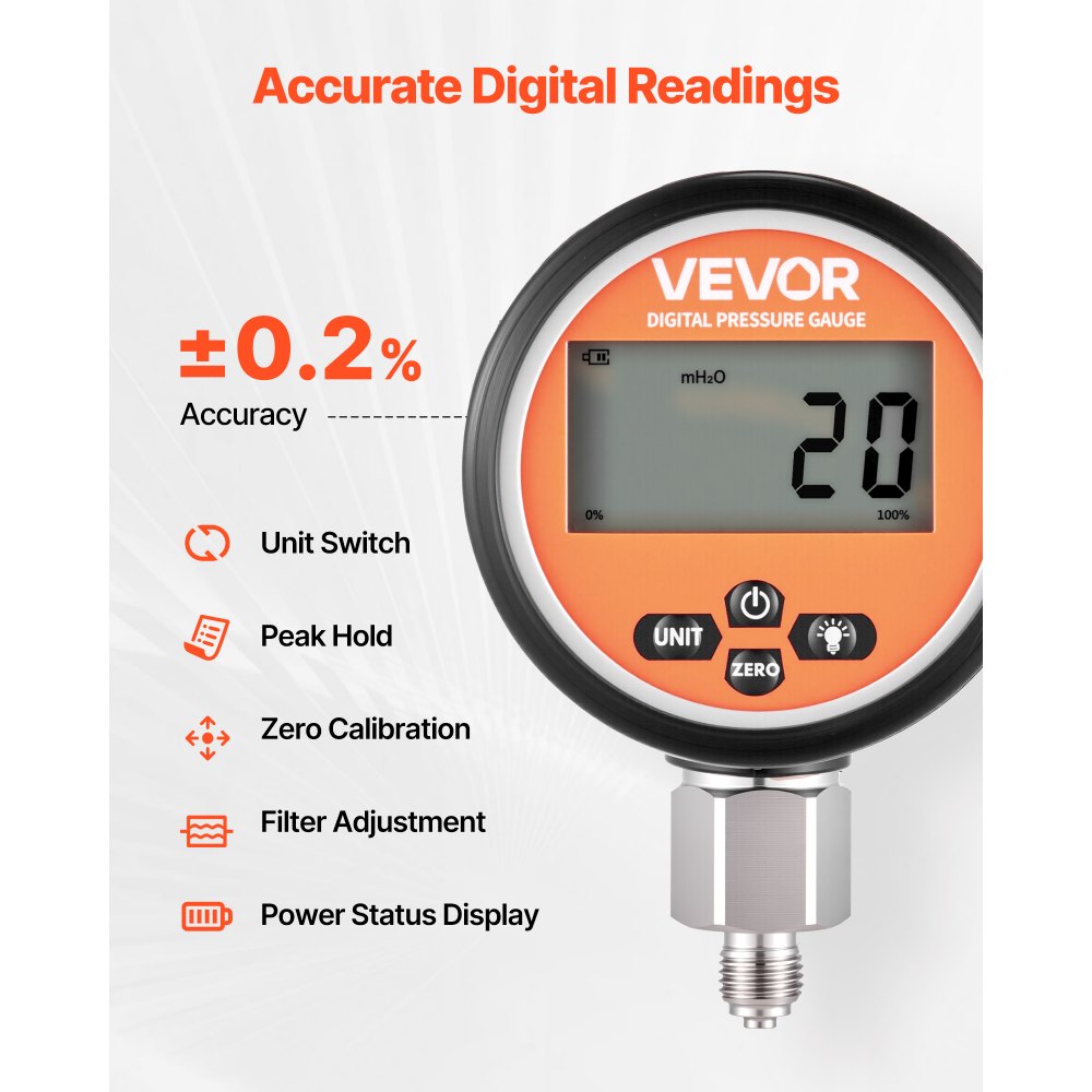 VEVOR Juego Compacto de Acoplamiento para Prueba de Presión Hidráulica Digital, 0–700 bar, con 1 Manómetro, 1 Acoplamiento de Prueba y 1 de Rápido, 1 Manguera para Excavadoras y 1 de Construcción